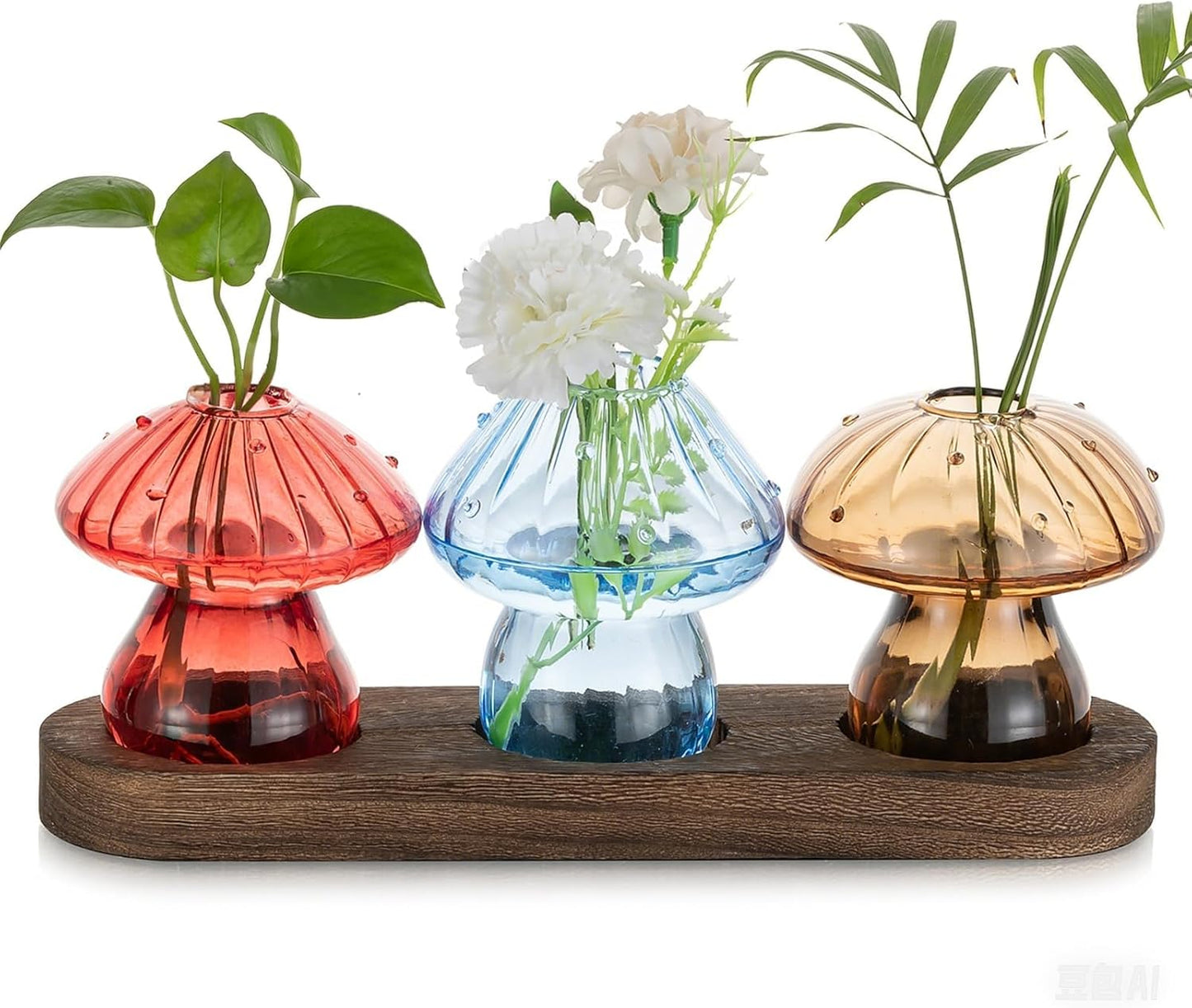 Glass Propagation Station for Plant: Mushroom Planter with Wooden Stand for Home Office Decor - Unique Propagation Jars for Plant Lovers - Set of 3 Hydroponic Mushroom Vases Gift for Mom