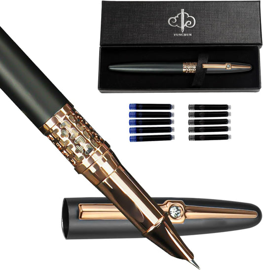 YUNCHUN Refillable Fountain Pen Fine Nib, Fancy Ink Pen with 5 Black & 5 Blue Ink Refills Cartridges, Cool Ink Pens for Writing, Business Metal, Best Gift Set for Men & Women, Blcak