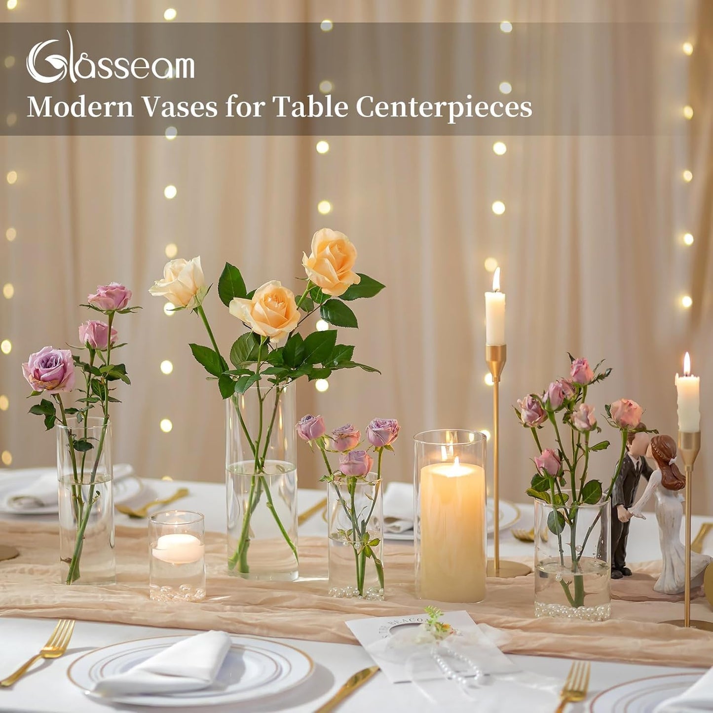 Glasseam Clear Cylinder Vases for Centerpieces, Glass Cylinder Vase Set of 6, Hurricane Vase for Flowers, Glass Cylinder Candle Holder for Pillar Candles, Floating Candle Vases for Wedding Decorations