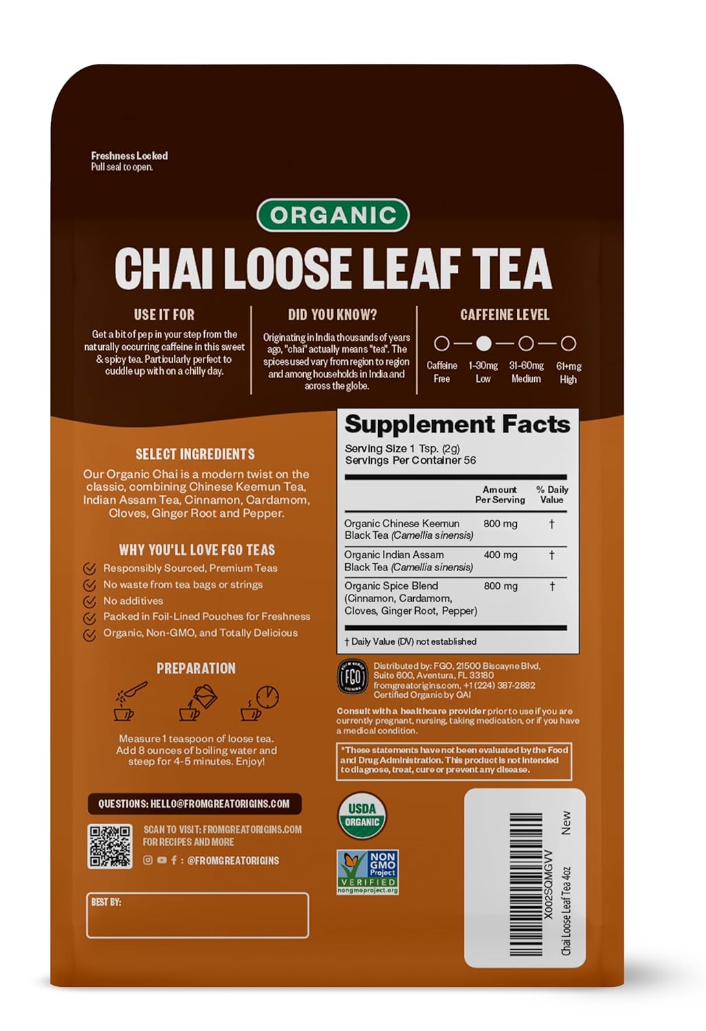 FGO Organic Chai Tea, 4 Ounce Loose Leaf, Resealable Bag, Packaging May Vary (Pack of 1)