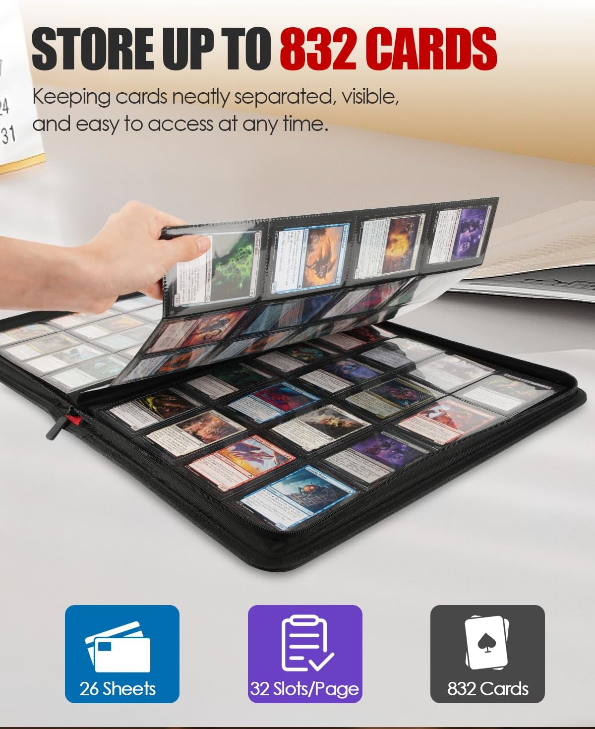 16-Pocket Card Binder - Card Binder Holds 832 Cards with Durable PU Leather & Side Loading for Baseball, Sport, MTG, TCG, PKM, Game Cards, Regular Cards Binder Double Sided Pocket Collector Album