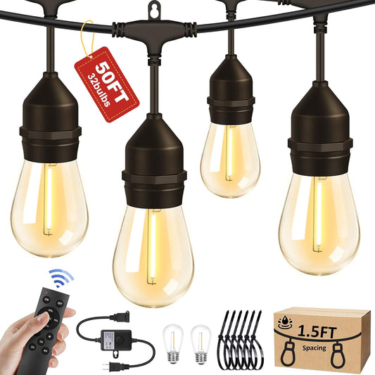 50FT Outdoor String Lights with 32+2 Bulbs (1.5FT Bulbs Spacing), Remote & Dimmer, Commercial Patio String Lights with 3 Mode Light & Timing, IP65 Waterproof, 50PC Mounting Ties for Outside