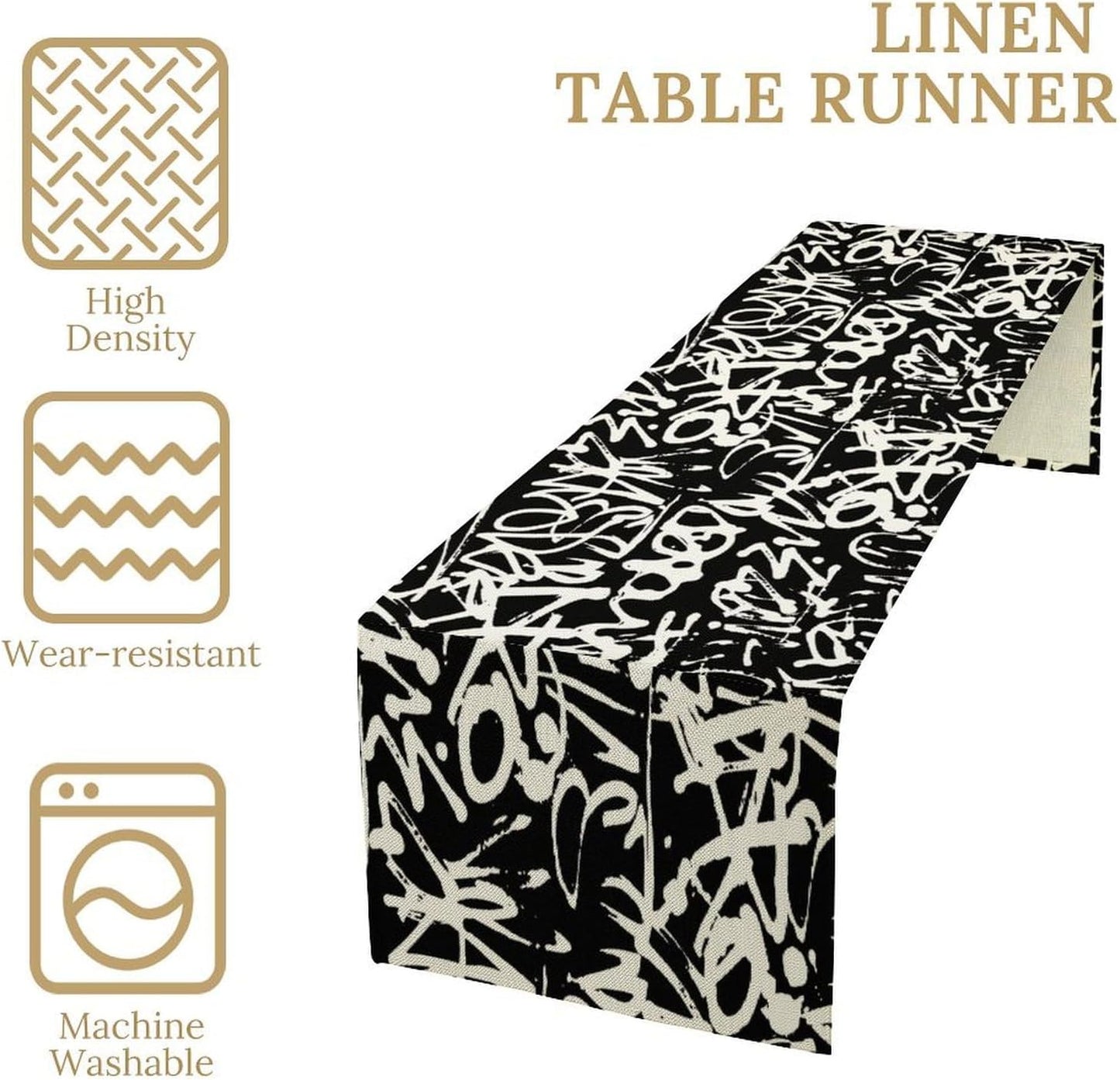 Graffiti Table Runner,Black White Abstract Messy Art Theme Pattern Print Tablecloth Burlap for Hotel Indoors Outdoor Dining Room Kitchen Home Decor,W13X L36 in