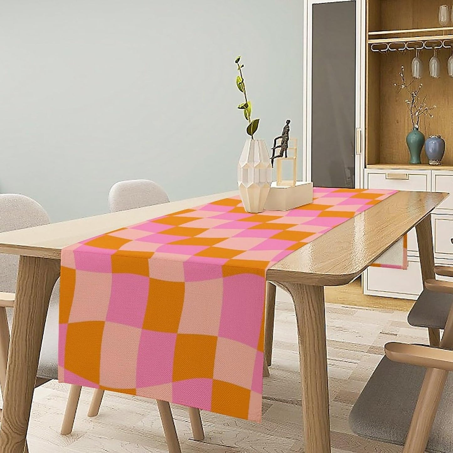 Checkered Table Runner Orange Retro 60s70s Boho Style Kitchen Restaurant Decoration Suitable for Indoor and Outdoor Festival Home Wedding Party Table Runner 13x90 Inch