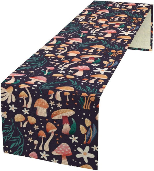 Mushroom Table Runner,Retro Forest Plant Table Cloth Farmhouse Kitchen Dining Table Decoration for Home Party Decor 13x36 Inch