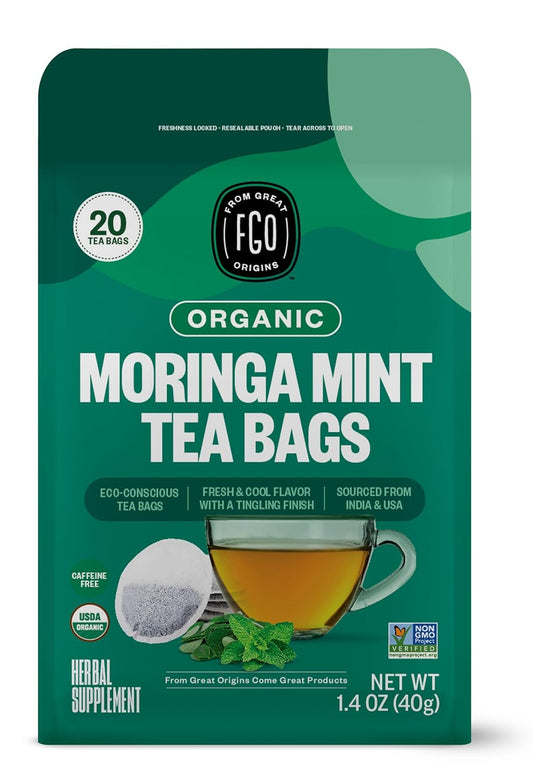 FGO Organic Moringa Mint Tea, 20 Count, Eco-Conscious Herbal Tea Bags, Resealable Bag, Caffeine Free, Packaging May Vary (Pack of 1)