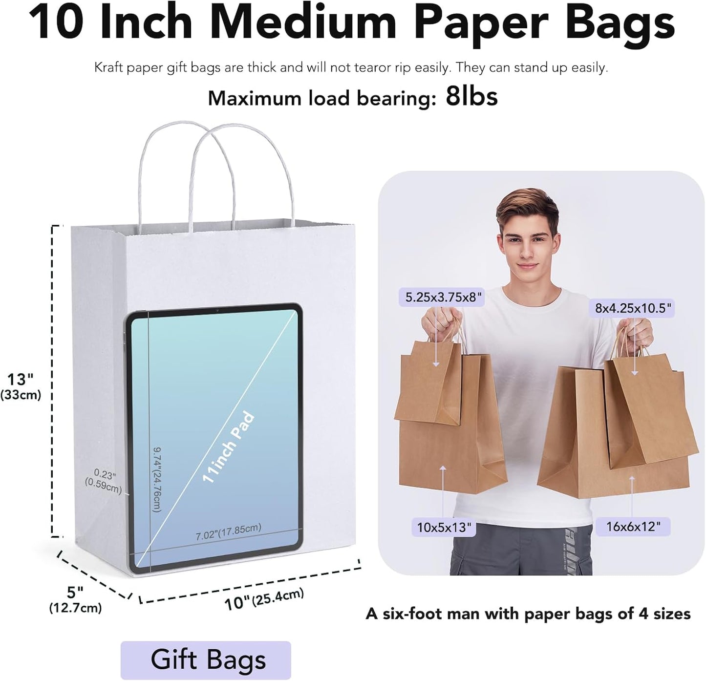 GSSUSA White Kraft Paper Gift Bag with Handles, 10x5x13 Bulk Shopping Grocery Paper Bags 100 Pc, Party Favor, Retail, Small Business, Packaging, Mother's Day, Merchandise, Boutique, Wedding