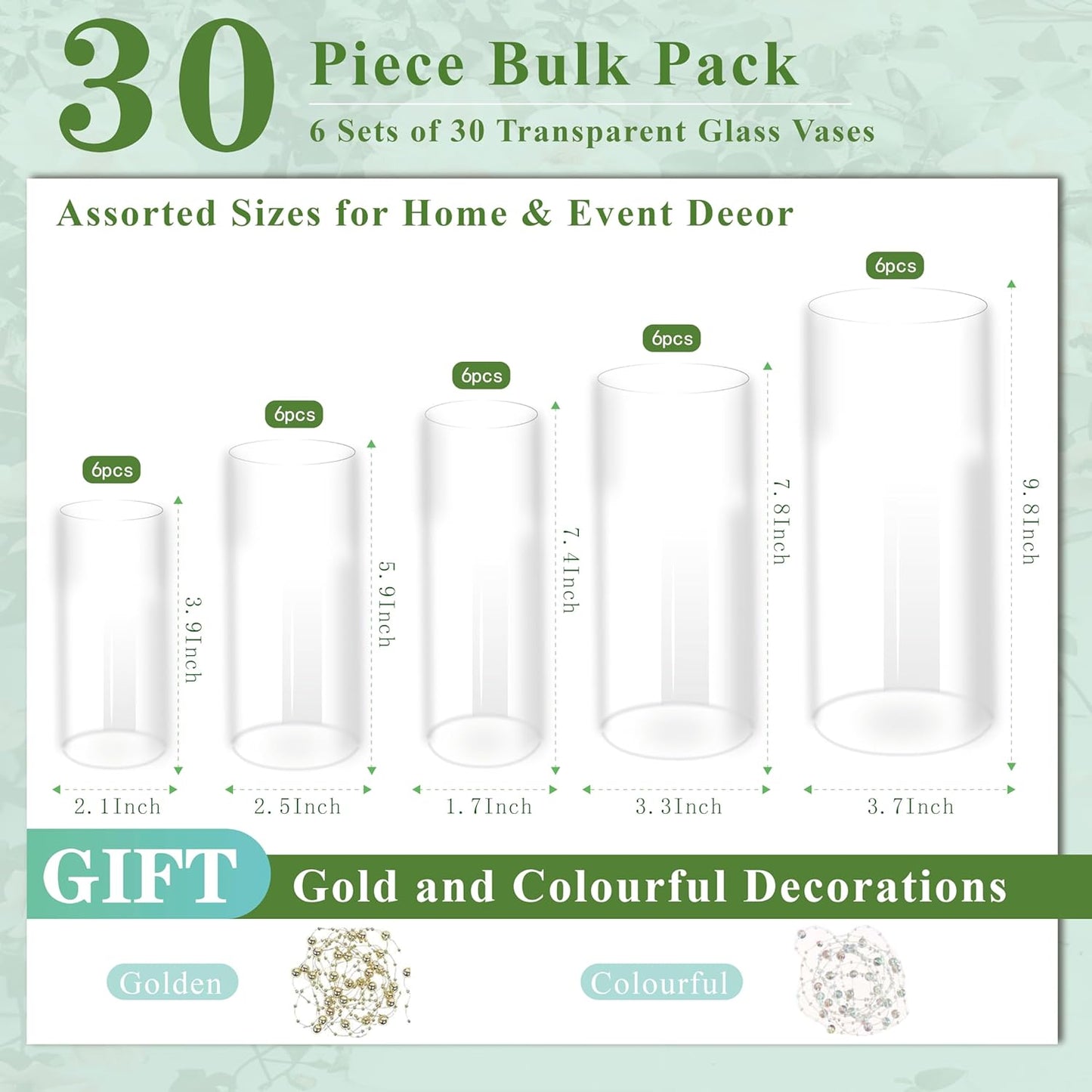 30pcs Glass Vase for Centerpieces, 4,6,7.5,8,10 inch Tall Clear Cylinder Flower Vase Bulk Floating Candle Holder for Wedding Table Home Décor and Party