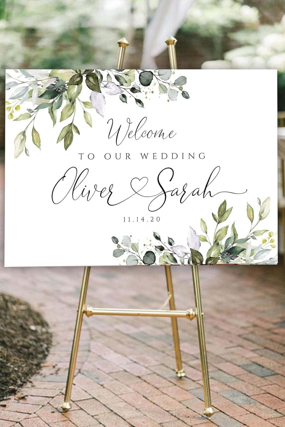 Personalized Wedding Welcome Sign, Elegant Greenery Eucalyptus Wedding Sign Signage 12" X 18" (Small), 27" (Medium), 36" (Large), Plastic, Modern, Pole Mount, Weather
