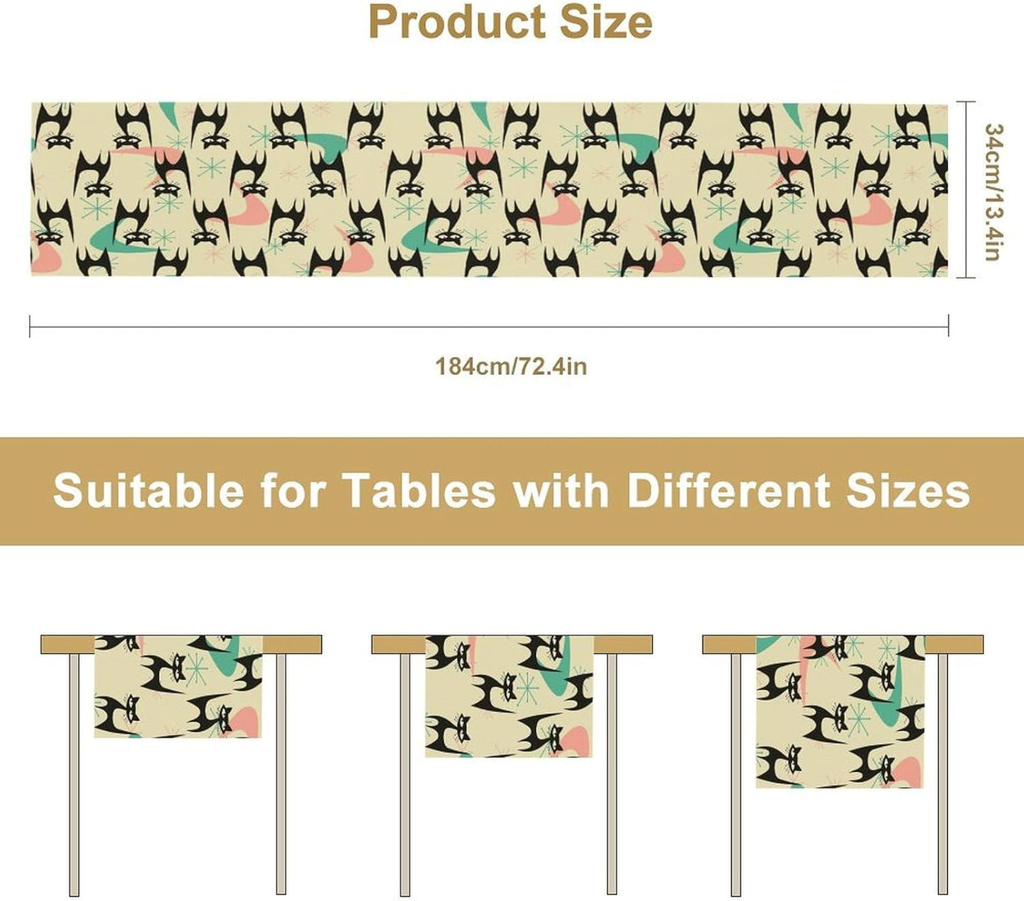 Mid Century Table Runner,Cat Geometric Stripe Colorful Abstract Pattern Print Tablecloth Burlap for Hotel Indoors Outdoor Dining Room Kitchen Holiday Party, 13x70in