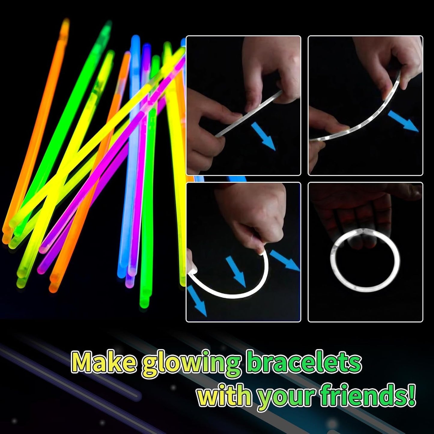 100 Pack 8” Glow Sticks Bulk with 100 Connectors Neon Glow In The Dark Party favors Supplies for Holiday Birthday Party Decoration (Colorful)