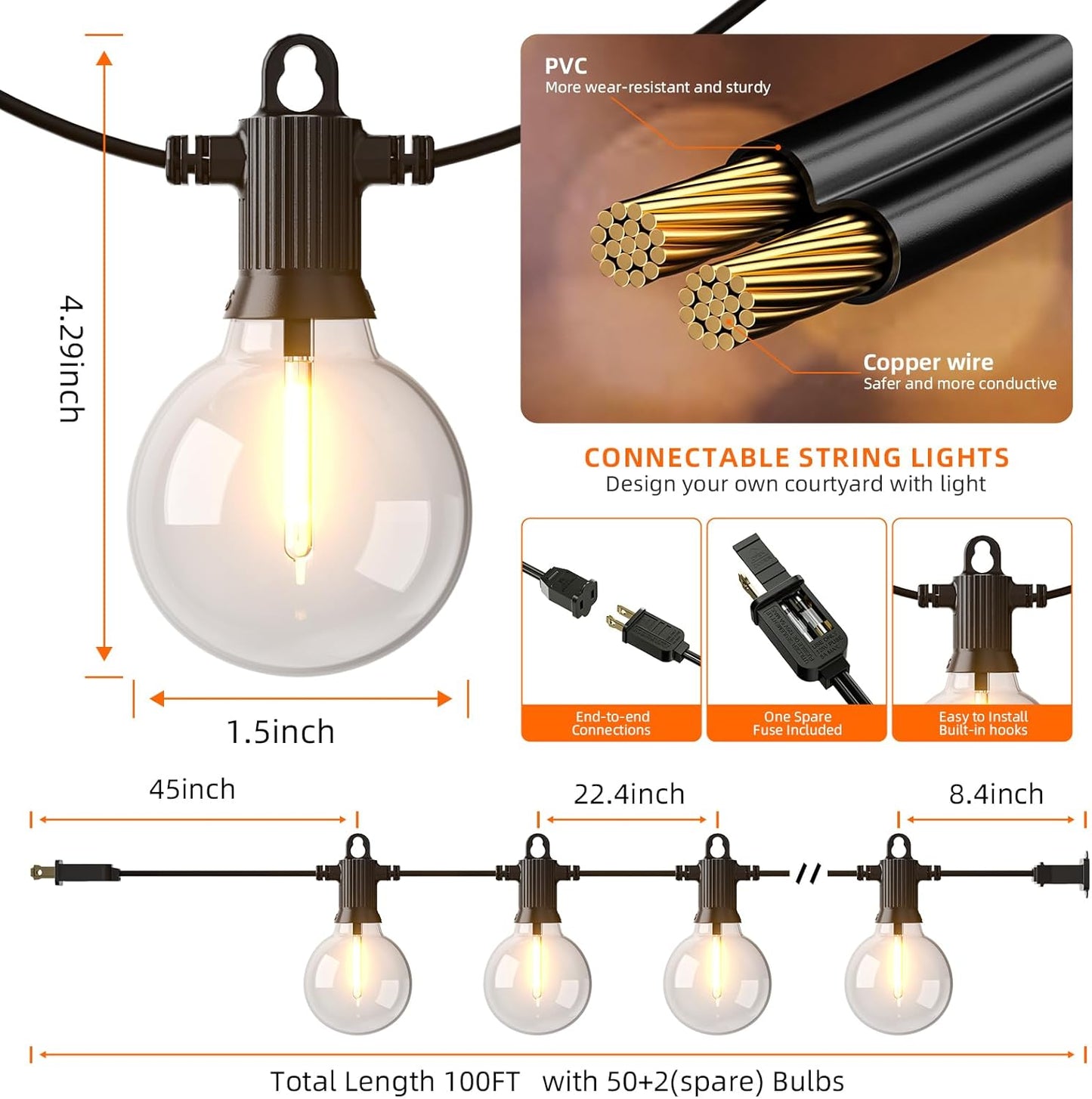 Kawaya Outdoor String Lights 50 FT LED Patio Light with 25+2 Shatterproof Edison Globe Bulbs - IP65 Waterproof Dimmable Hanging Lights - 2700K Warm White Lighting for Outside Porch Deck Bistro Cafe