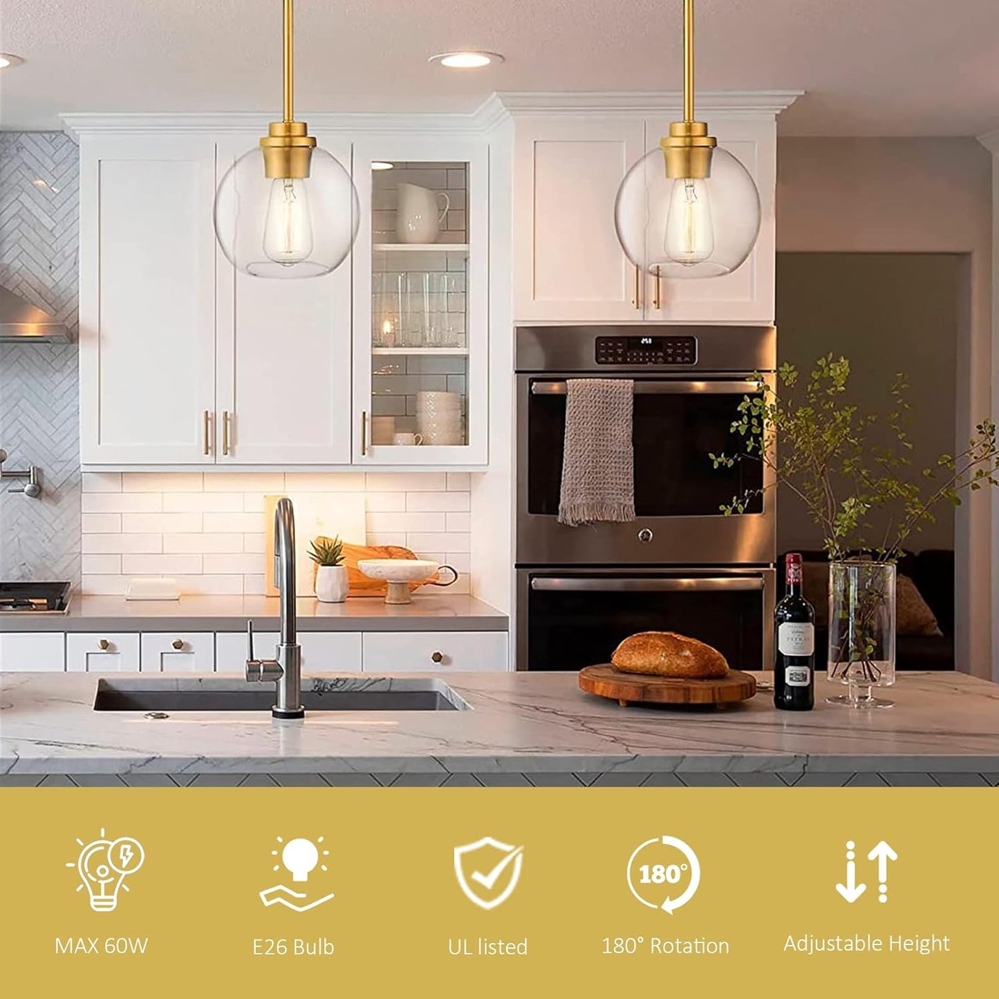 Pendant Lights Kitchen Island, Modern Gold Pendant Light with Clear Glass, 7 Inch Farmhouse Hanging Light Fixtures for Dining Room Entryway, Bedroom, Hallway, Farmhouse- 3 Pack