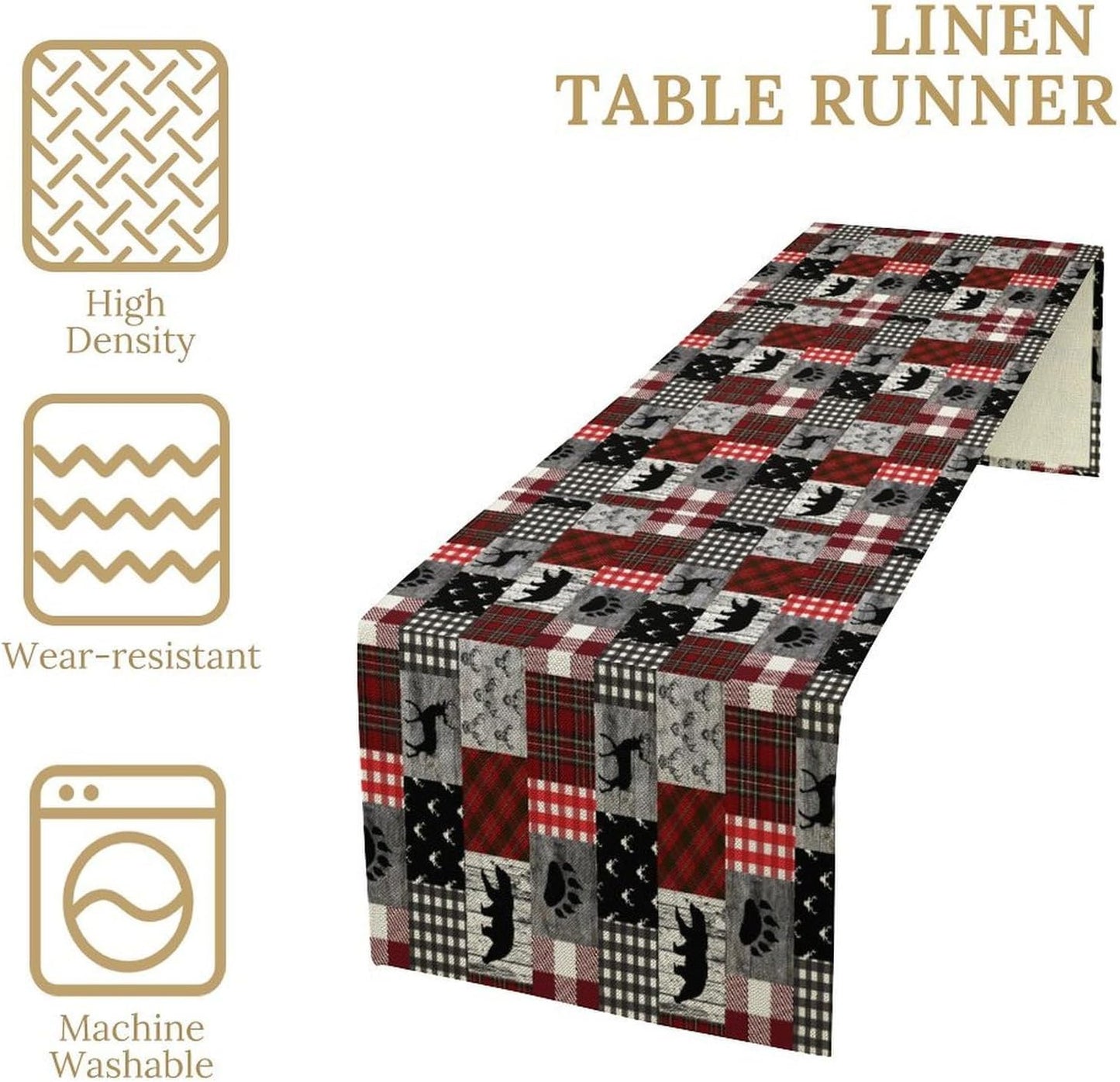 Rustic Farm Table Runner,Vintage Woodland Deer Bear Animal Buffalo Plaid Print Tablecloth Burlap for Hotel Indoors Outdoor Dining Room Kitchen Home Decor,W13X L108 in