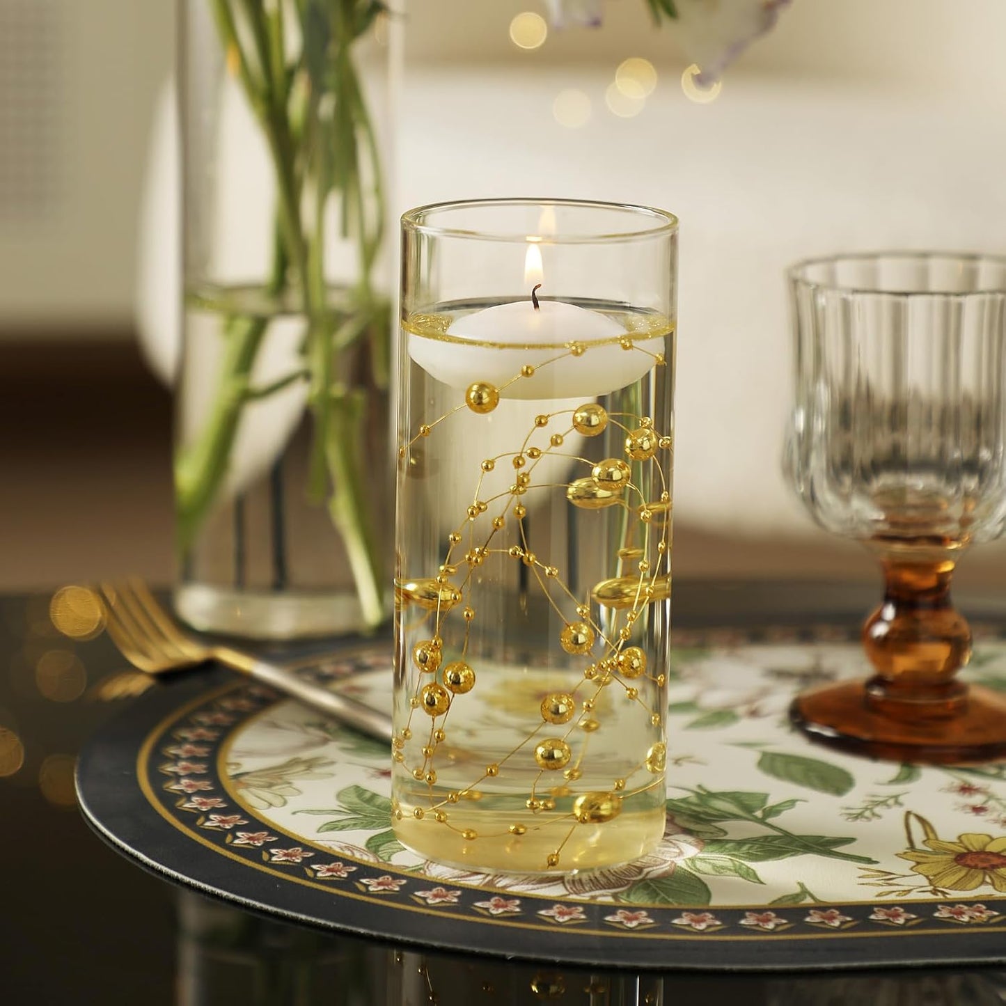 Set of 6 Glass Cylinder Vases for Centerpieces with 4 Pack Vase Filler 6 Pearl String 12 White Floating Candles for Centerpieces, Center Pieces for Table Wedding Party Home Decor 5, 6, 8 Inch