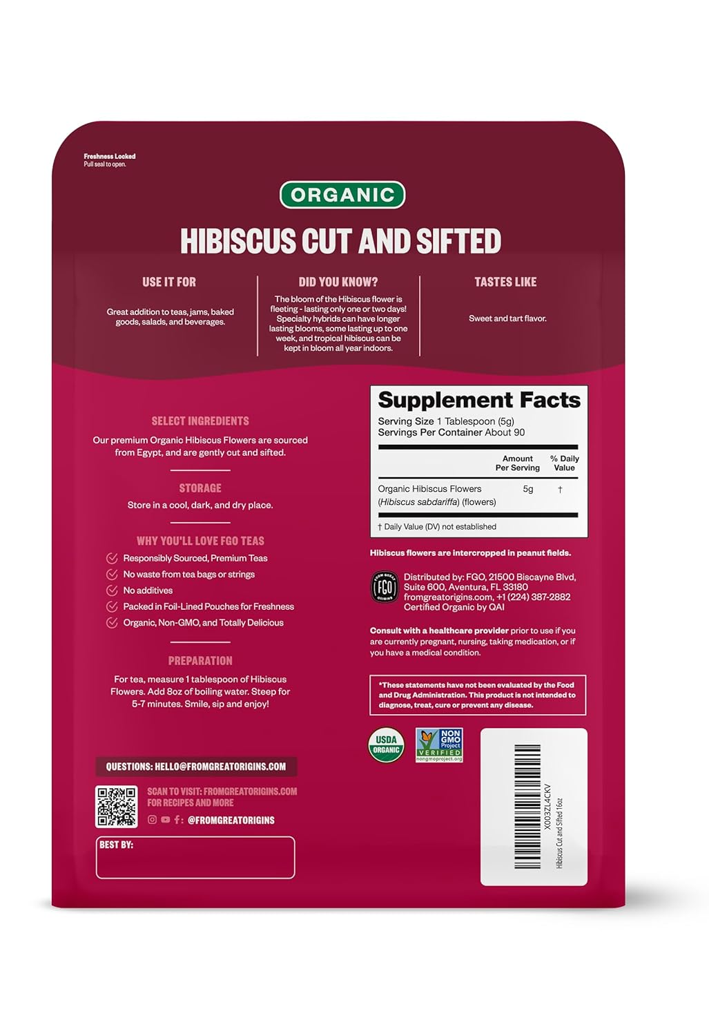 FGO Organic Hibiscus Flowers, Cut and Sifted Loose Tea, 16 Ounce Bulk Resealable Bag (Pack of 2)