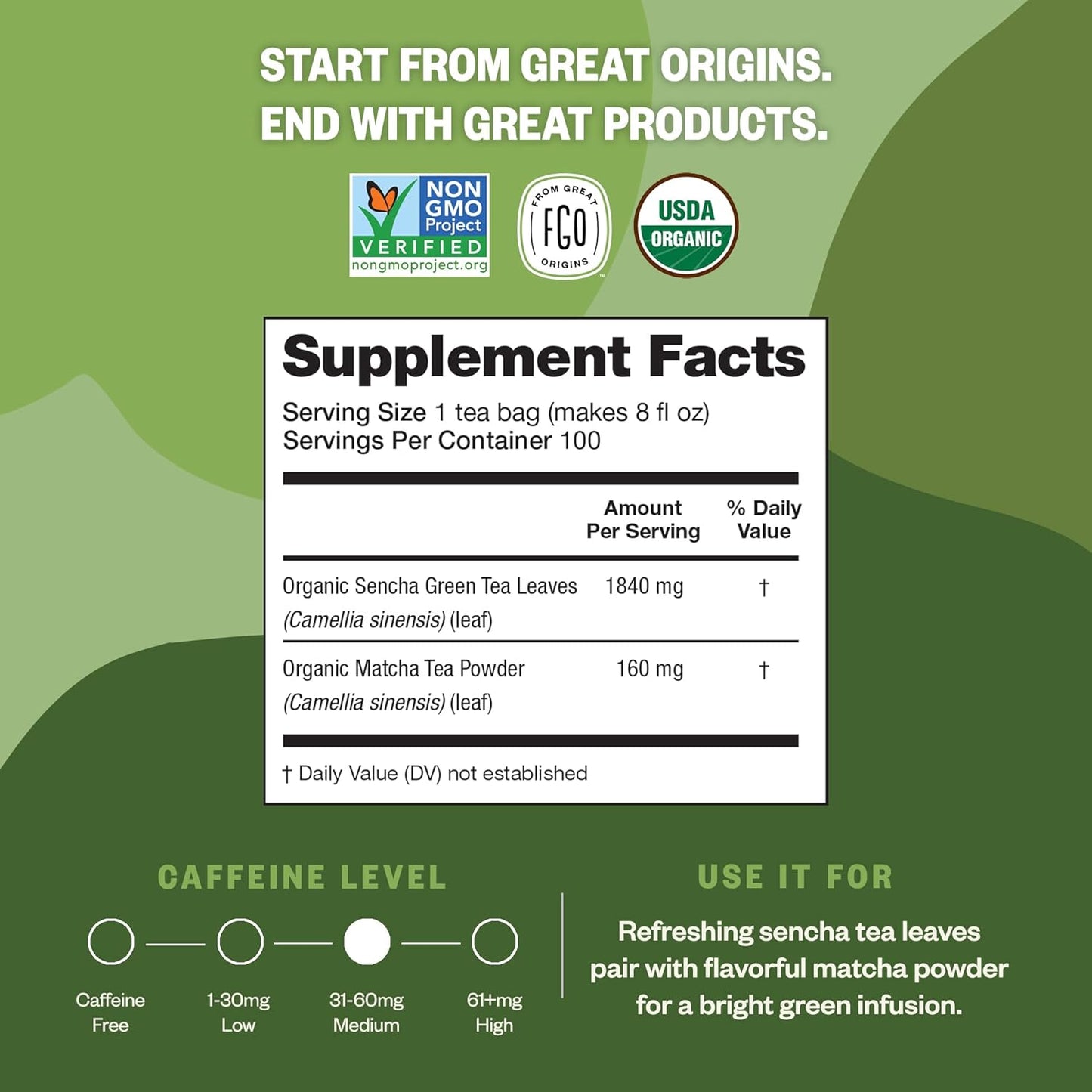 FGO Organic Japanese Matcha + Green Tea, 100 Count, Eco-Conscious Tea Bags, Resealable Bag, Packaging May Vary (Pack of 1)