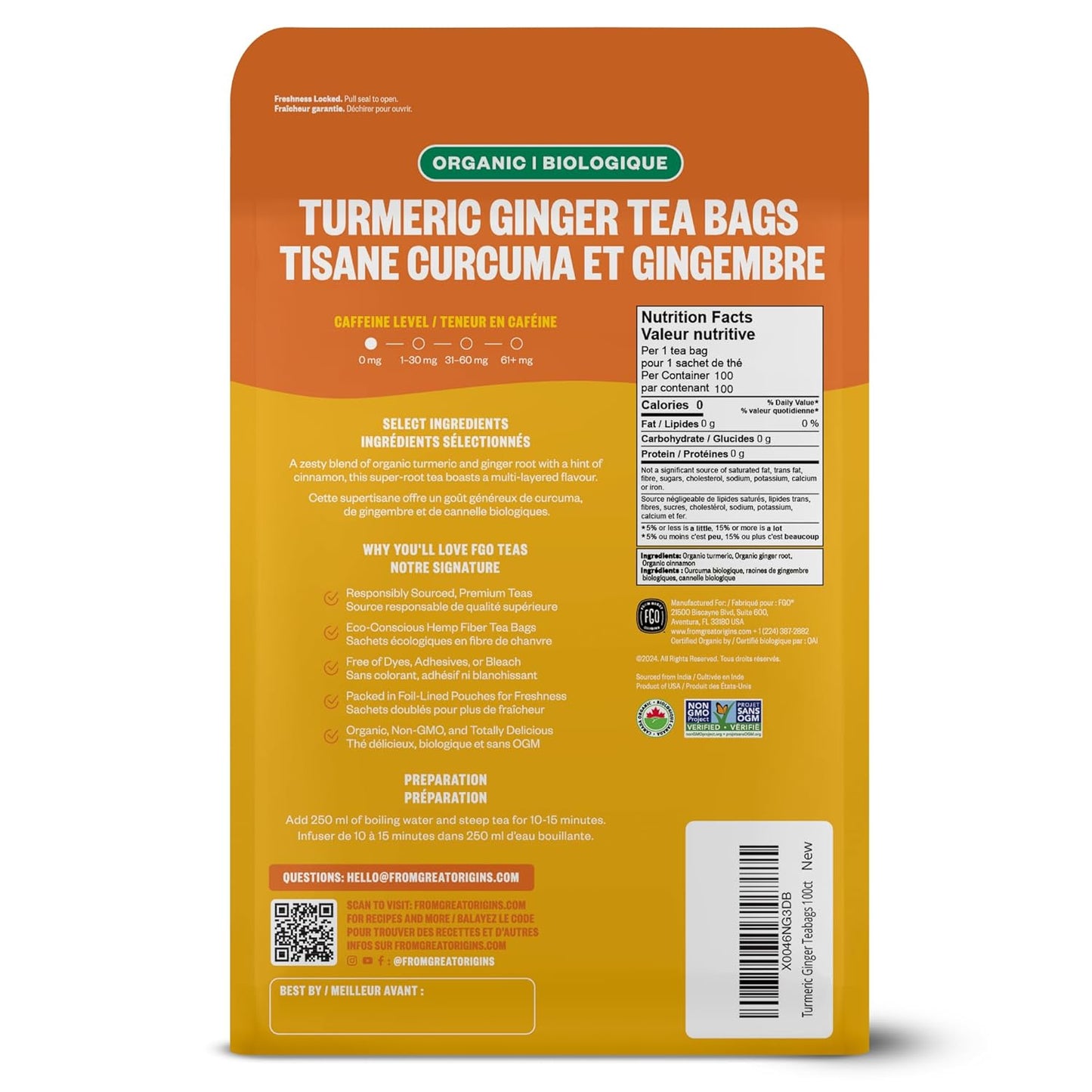 FGO Organic Turmeric Ginger Tea, Eco-Conscious Tea Bags, 100 Count, Packaging May Vary (Pack of 1)