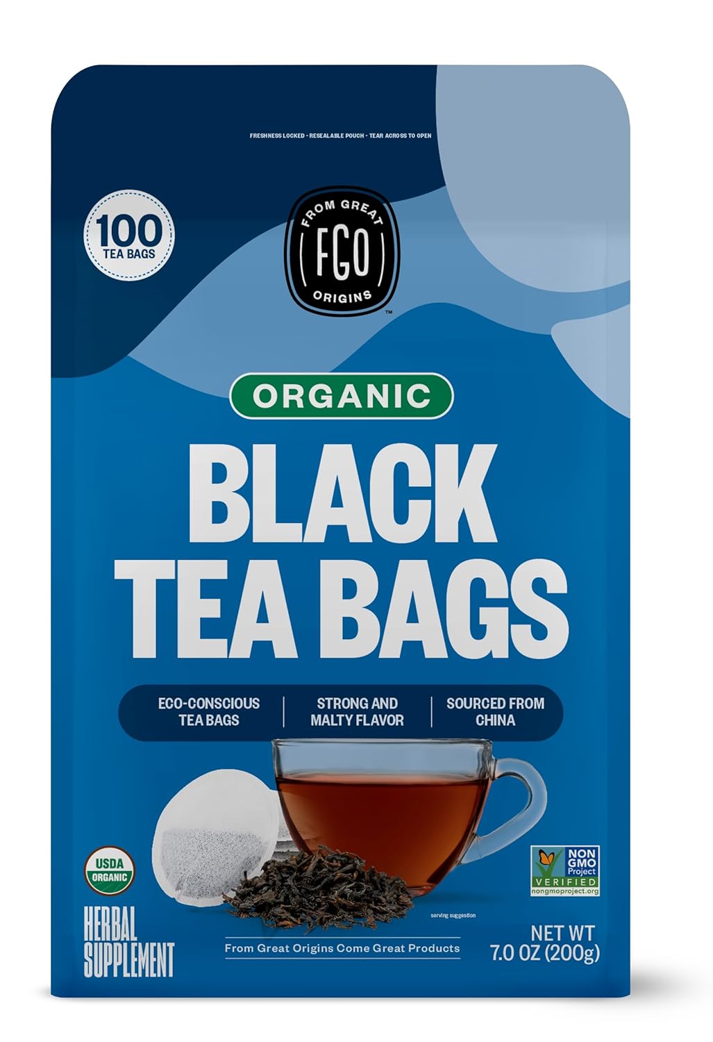 FGO Organic Black Tea, 100 Count, Eco-Conscious Tea Bags, Caffeinated, Resealable Bag, Packaging May Vary (Pack of 1)