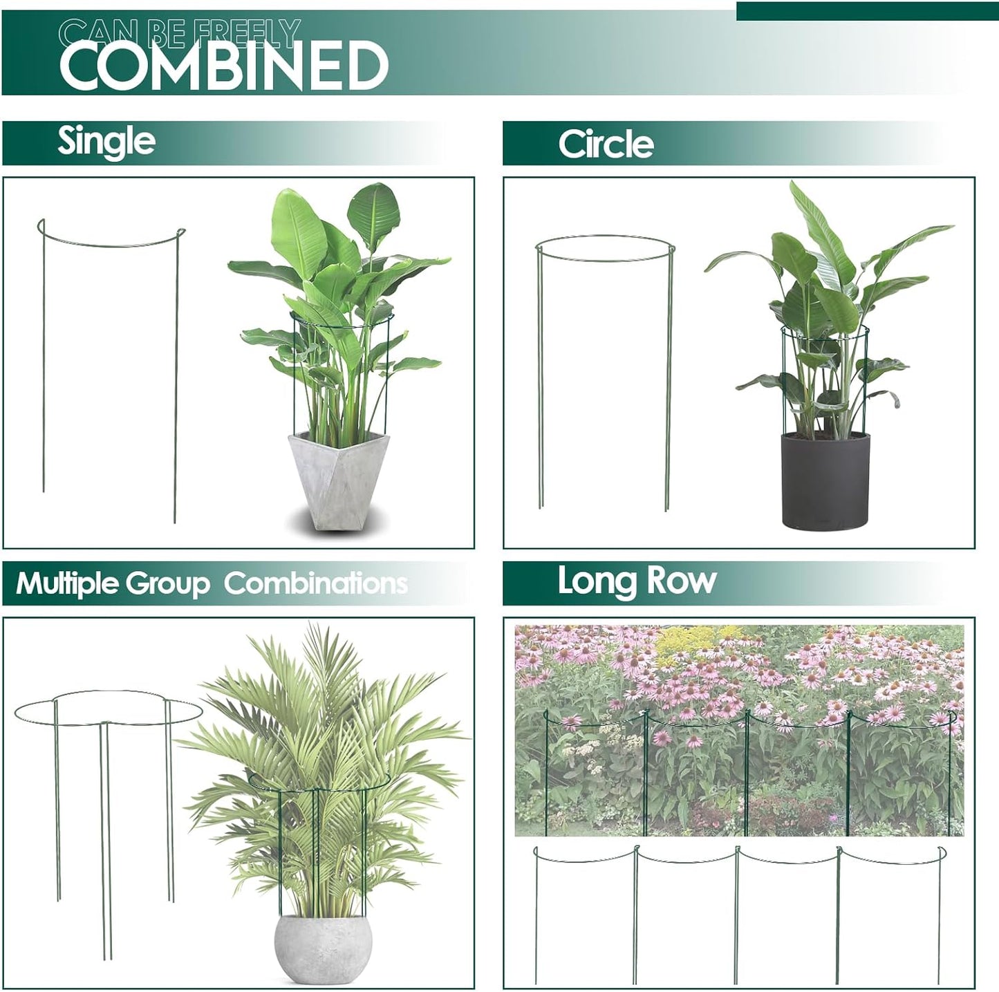 6 Pack 30 inch Plant Support Stakes, Heavy-Duty Half Round Peony Support, Garden Plant Stakes Cage for Outdoor Plants, Peony, Tomato, Hydrangea, (15In Support +15In Stainless Extension Tubes)