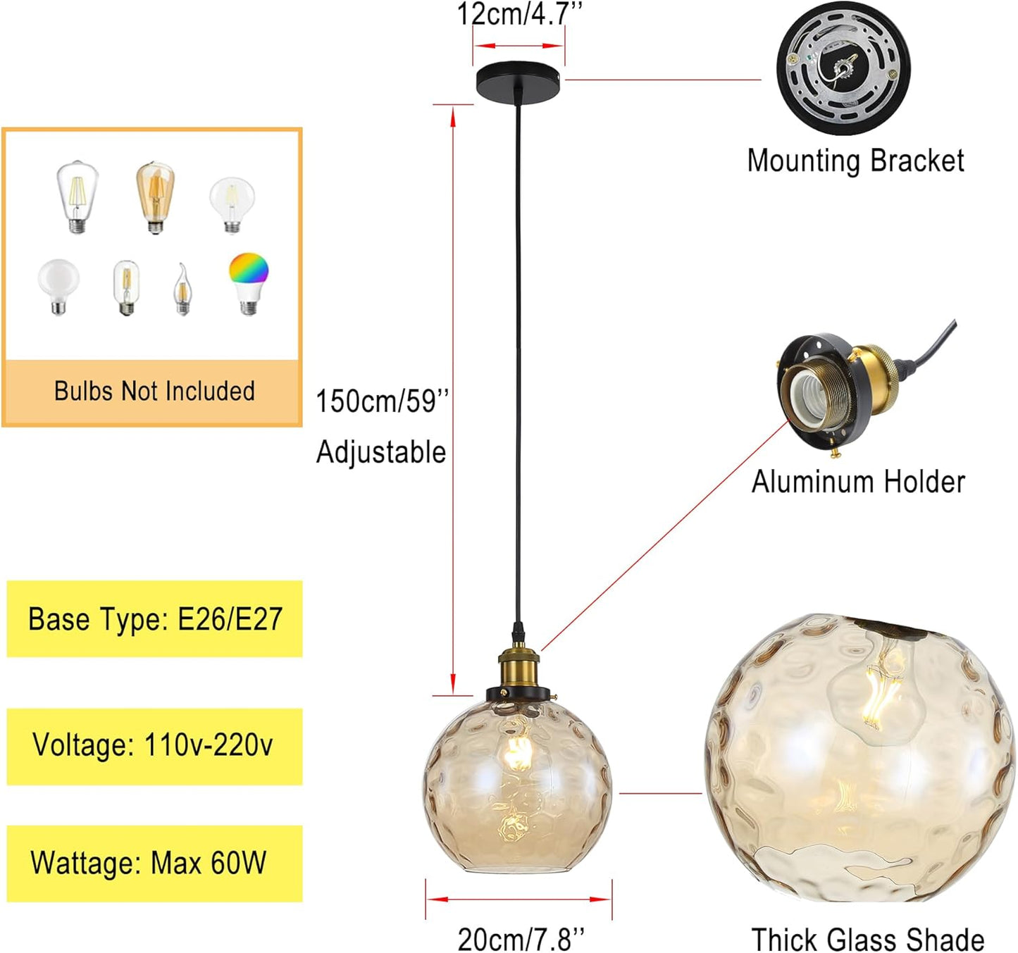 Pendant Light Shade Industrial Hanging Lights Fixtures Ceiling Outdoor Pendant Lighting for Kitchen Island Dining Room Unique Lamp in Kitchen Farmhouse Bedroom (Amber, 7.8 Inches)