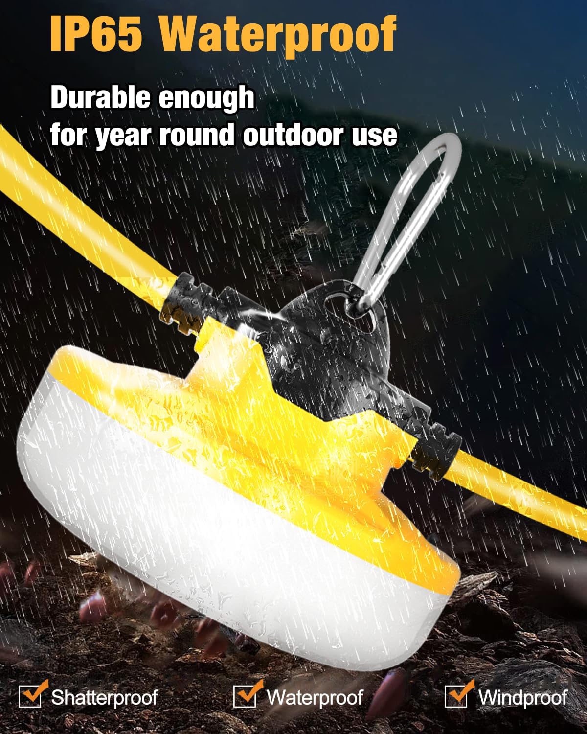 LED Construction String Light 50FT, 65W 8000Lm Industrial LED String Work Lights with 5 Bulbs, 5000K Linkable Work Lights Temporary Lighting for Construction Site, Job Site, Attic, Crawl Space