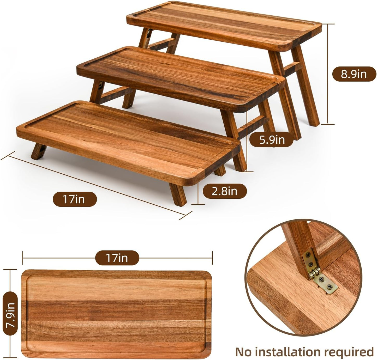 GEHE 3 Tier Serving Stand, Acacia Wood Dessert Table Display Cupcake Stand, Rustic Foldable 3-Tiered Serving Trays & Platters, Large Charcuterie Board for Birthday Wedding Bridal Shower Tea Party