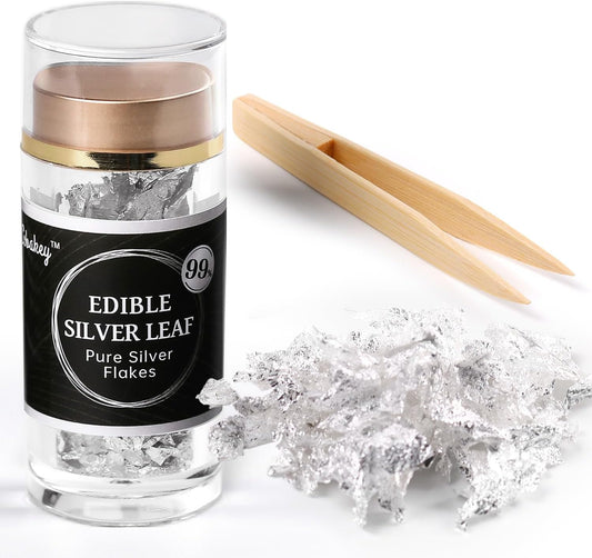 Cobakey Edible Silver Leaf - 50mg Silver Flakes for Cake Decoration (Cupcake, Chocolate, Steak, Drink & Cooking), Edible PureSilver with Edible Glitter & Wooden Tweezers