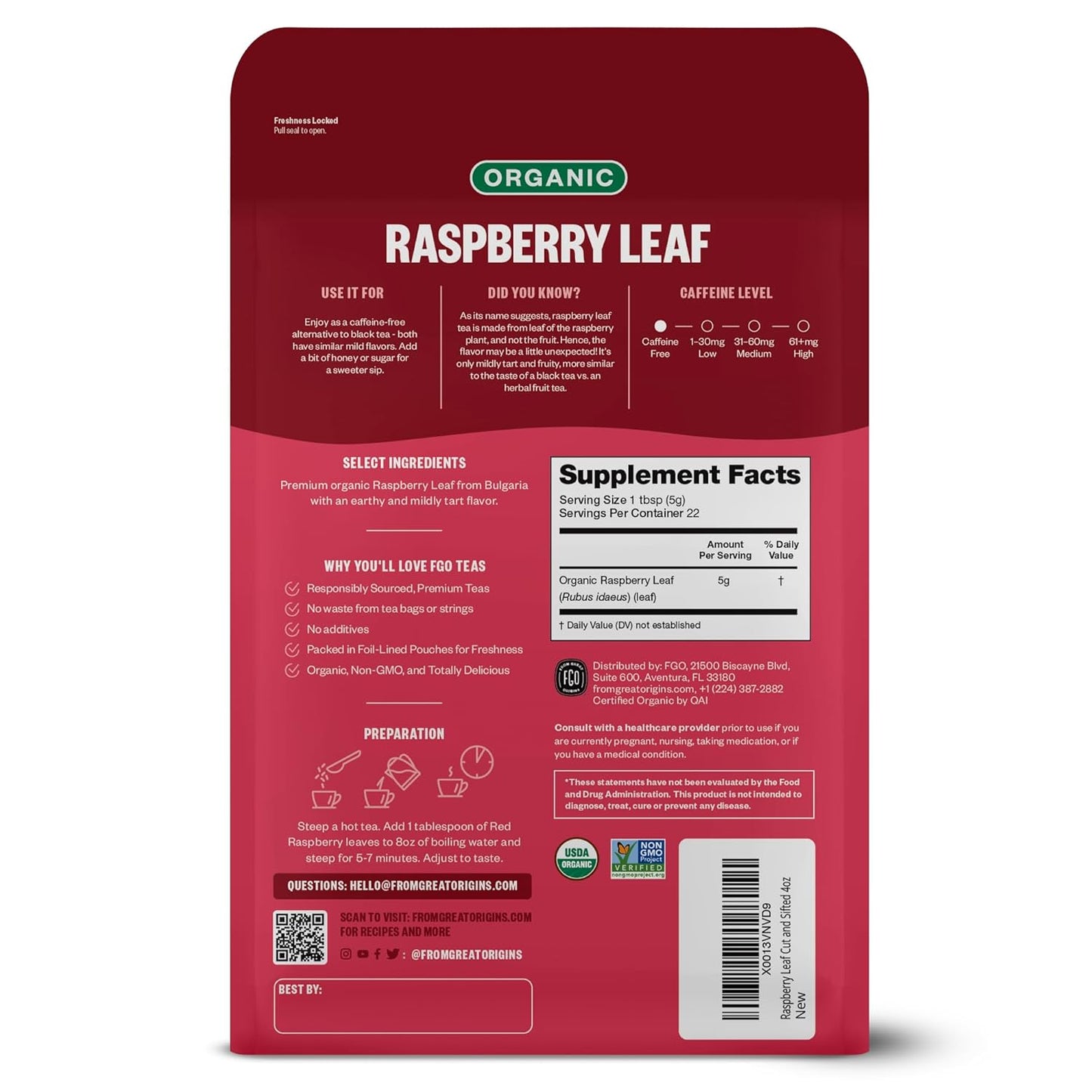 FGO Organic Red Raspberry Loose Leaf Herbal Tea, Cut and Sifted, Caffeine Free, Resealable Bag, 4oz (Pack of 1)