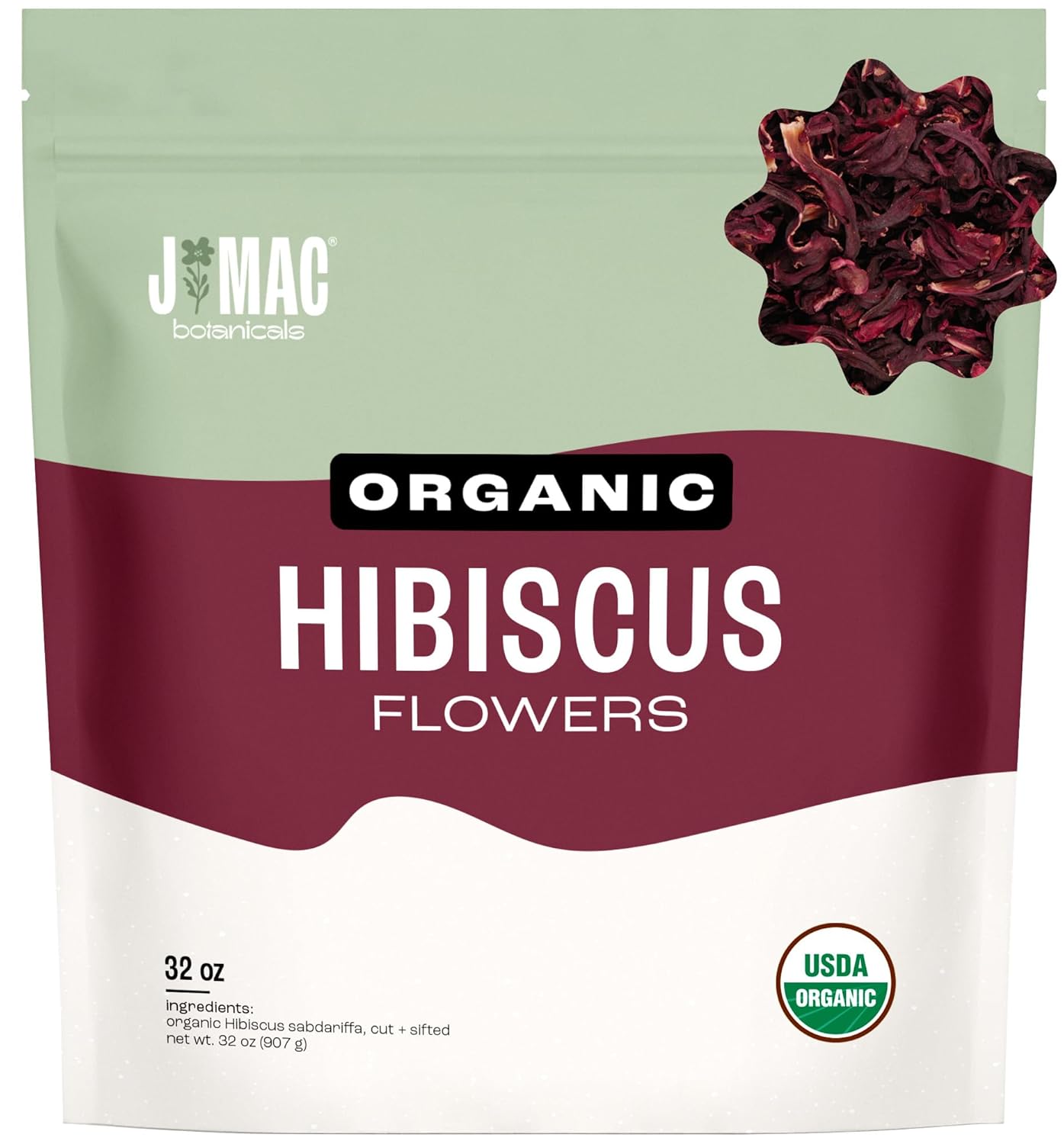 J MAC BOTANICALS Certified Organic Hibiscus Flower (2 Pounds), Hibiscus Tea, Cut & Sifted Flowers, Flor de Jamaica