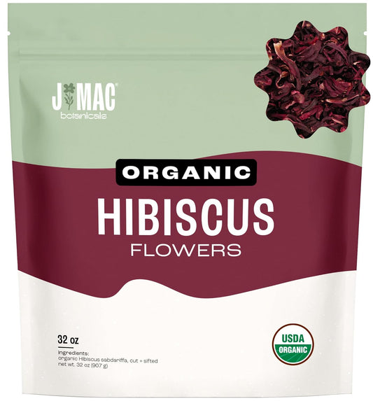 J MAC BOTANICALS Certified Organic Hibiscus Flower (2 Pounds), Hibiscus Tea, Cut & Sifted Flowers, Flor de Jamaica
