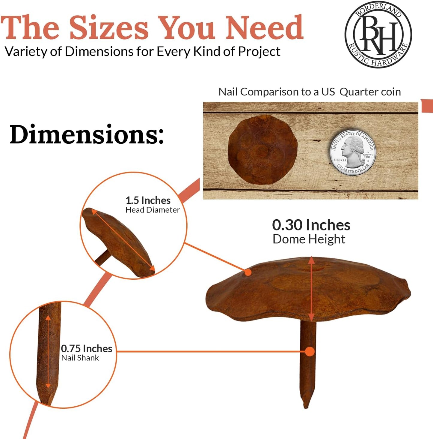 50 Pack 1.5" Round Head Iron Clavos Decorative Nails – Rusted – Handmade Rustic Round Fasteners for Farmhouse Shutters, Faux Wood Beams, Barn Doors, Shutters, Gates – Ornamental Wood Accent