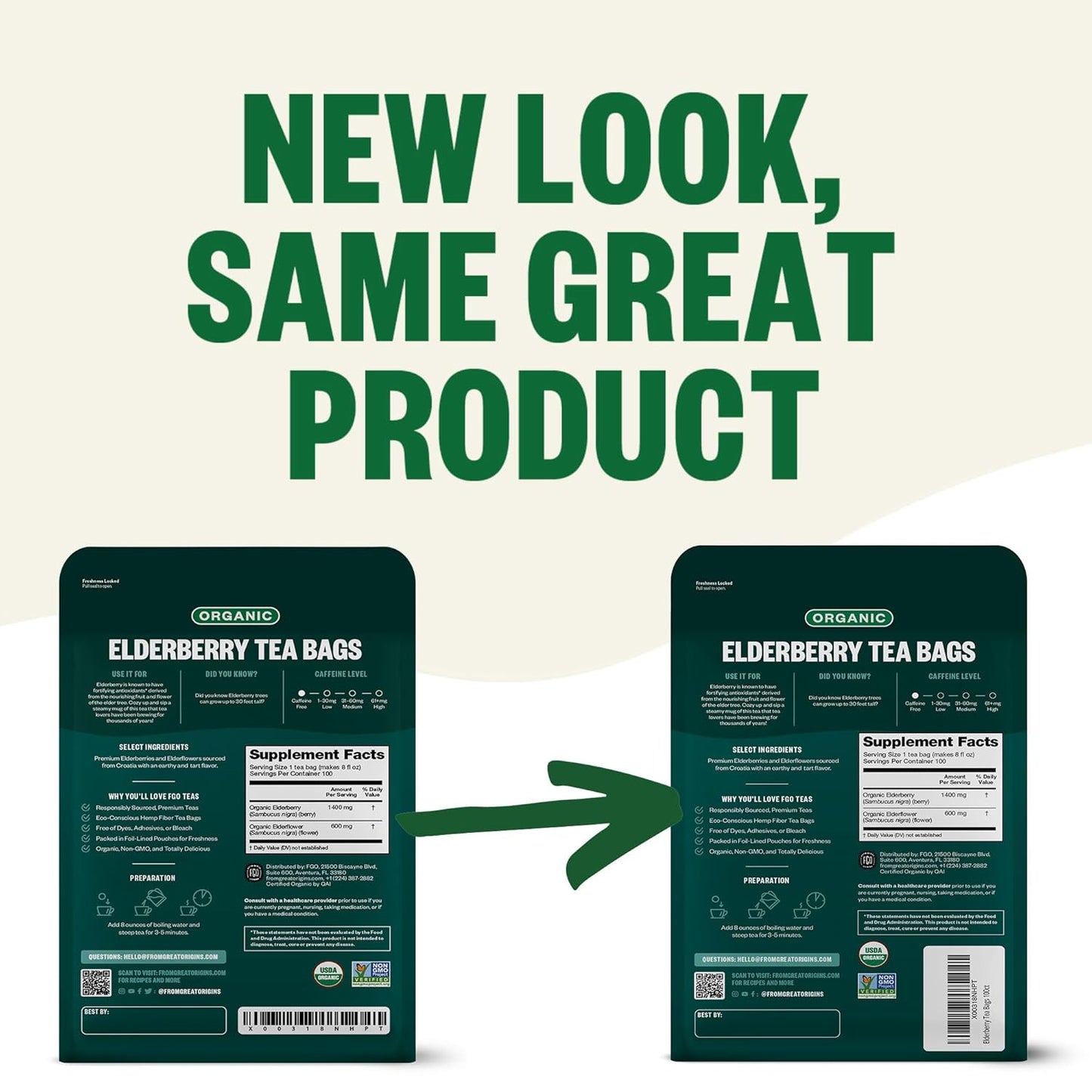 FGO Organic Elderberry Tea, 100 Count, Eco-Conscious Herbal Tea Bags, Resealabel Bag, Caffeine Free, Packaging May Vary (Pack of 1)