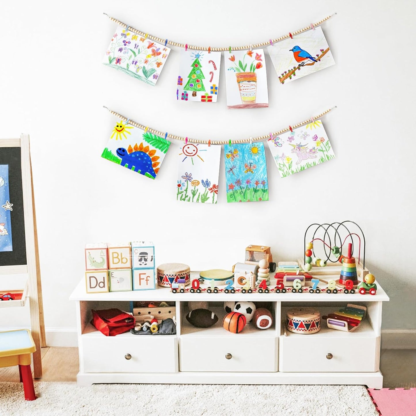 Mkono Hanging Photo Display with Clips, Boho Wooden Bead Garland Banner, Collage Card Picture Kids Art Holder String with 10 Clips for Christmas Bedroom Dorm Decor, Teen Girl Gifts, Mutil, 2 Pack