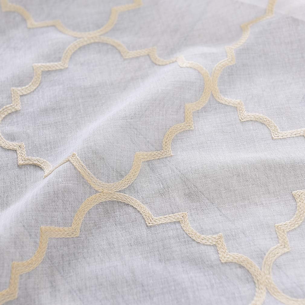 Sheer Curtains Beige 63 Inches, Rod Pocket Voile Drapes for Living room, Bedroom, Embroidered Moroccan Tile Lattice Design Window Semi Crinkle Curtain Panels for Yard, Parlor, Set of 2, 52"x 63".