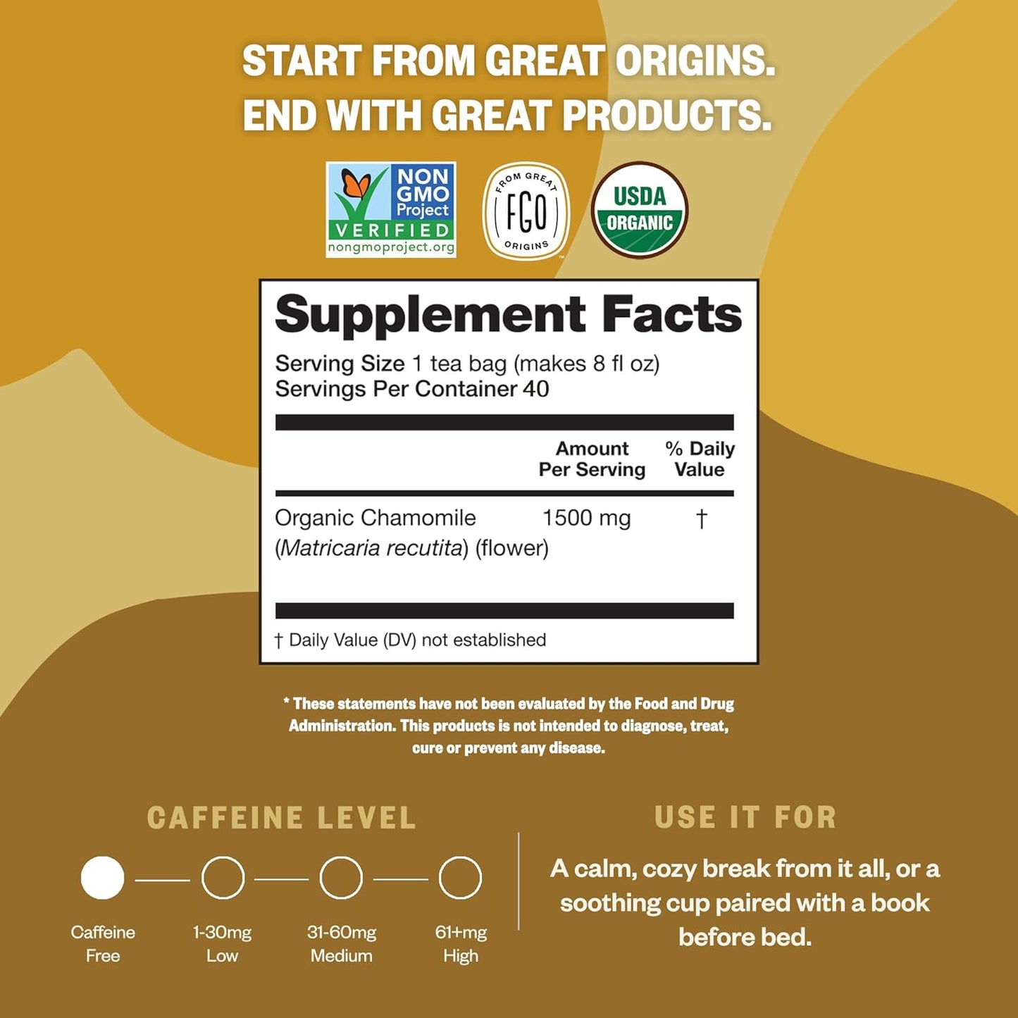 FGO Organic Chamomile Tea, 40 Count, Eco-Conscious Tea Bags, Resealable Bag (Pack of 1)