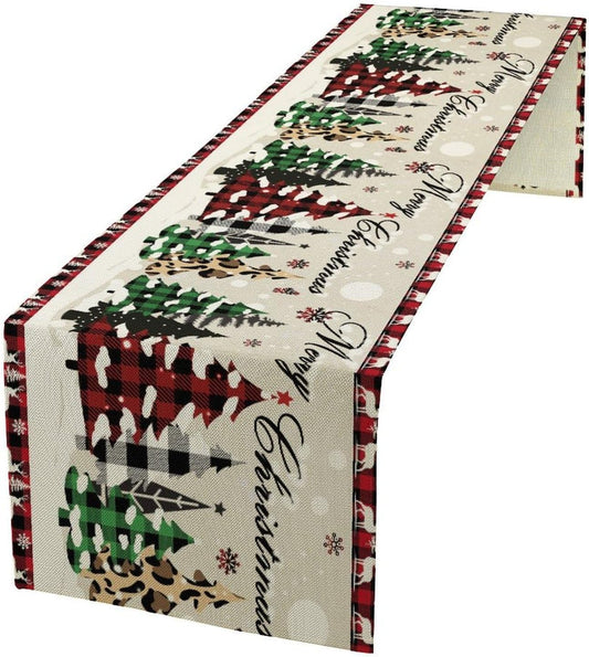 Christmas Tree Table Runner,Farmhouse Xmas Trees Buffalo Plaid Winter Snowflake Tablecloth Burlap for Hotel Indoors Outdoor Dining Room Kitchen Home Decor,W13X L80 in
