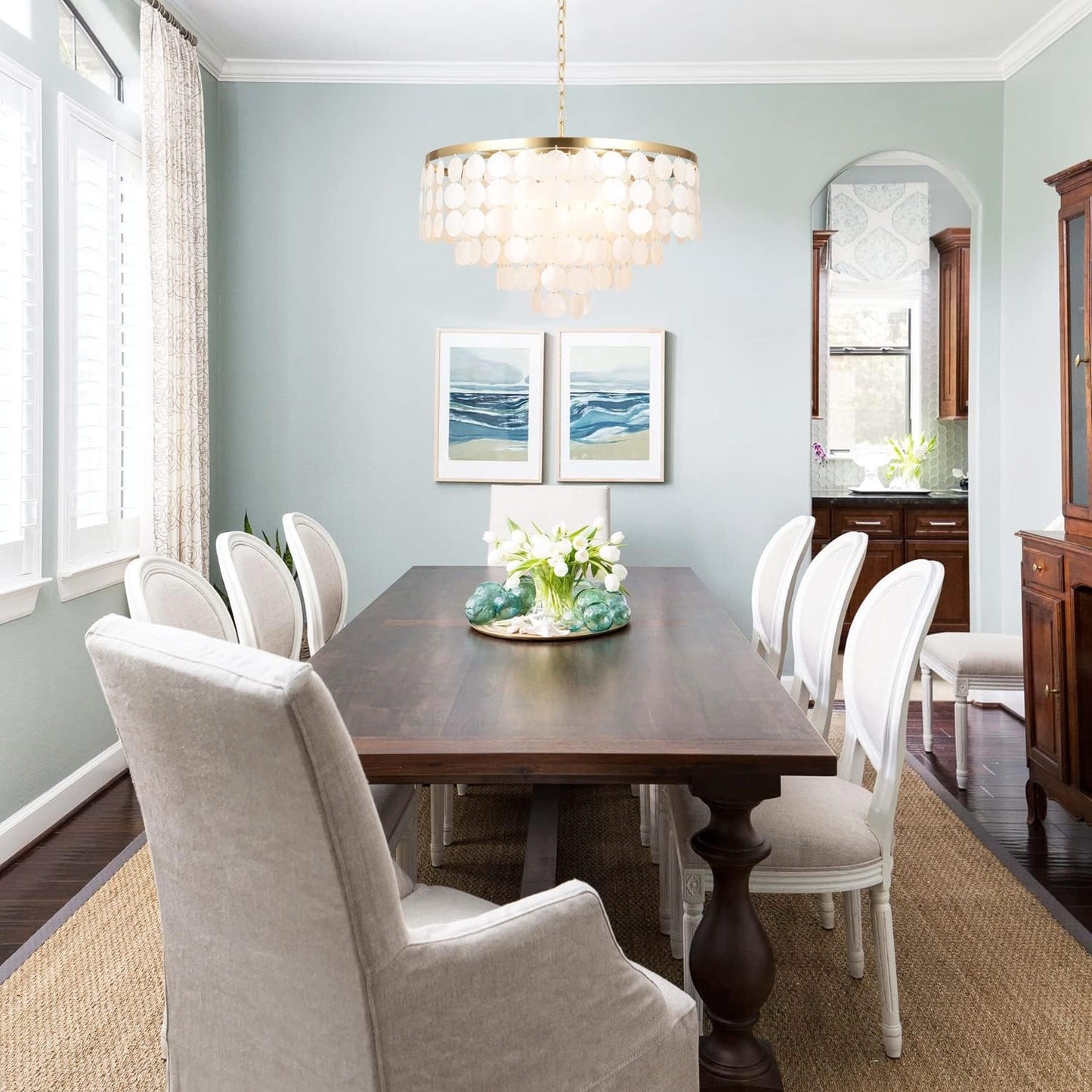 ALICE HOUSE 18.2" White Shell Chandeliers, Brushed Brass Finish, Coastal Kitchen Island Light Fixture, 4 Light Modern Pendant Light for Dining Room, Entryway and Bedroom, ETL Listed, AL2608-P4