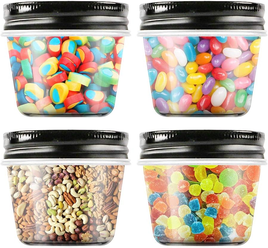 Novelinks 4 Ounce Plastic Jars with Black Lids - Refillable Round Clear Containers for Kitchen & Household Storage - BPA Free (40 Pack)