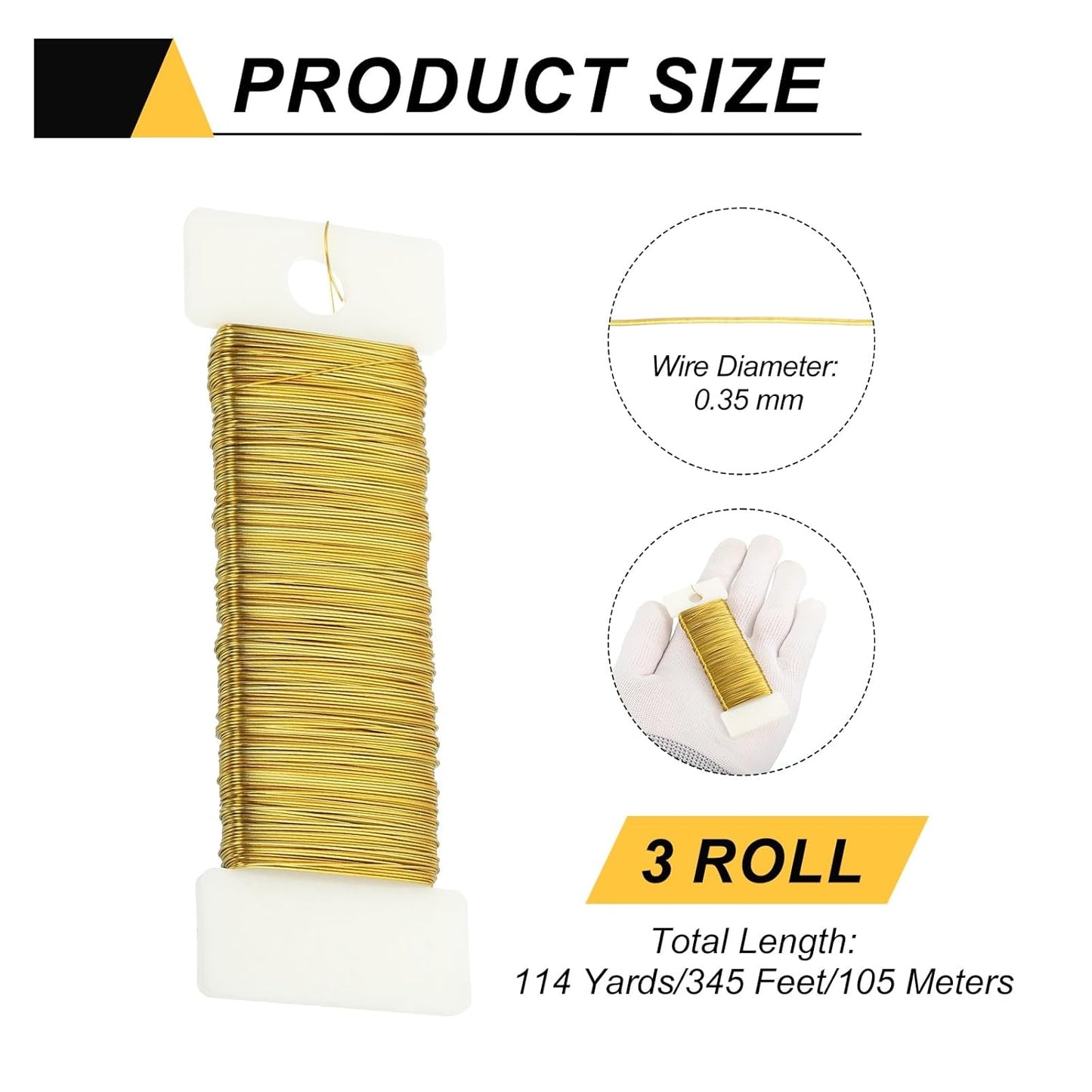 MECCANIXITY 114 Yards/345 Feet 27 Gauge Metal Floral Wire Gold Tone Flexible Paddle Thin Floral Wires for Craft, Christmas Wreath, Flower Arrangement, Wedding, Total 3 Roll