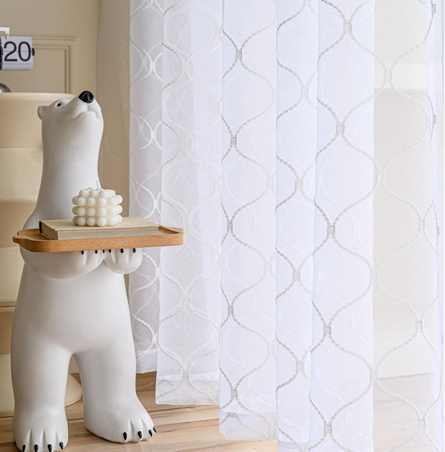 Sheer Curtains White 63 Inches Embroidered Wave Diamond, Rod Pocket Voile Drapes for Living room, Bedroom, Window Treatments Semi Crinkle Curtain Panels for Yard, Villa, Parlor, Set of 2, 52"x 63".