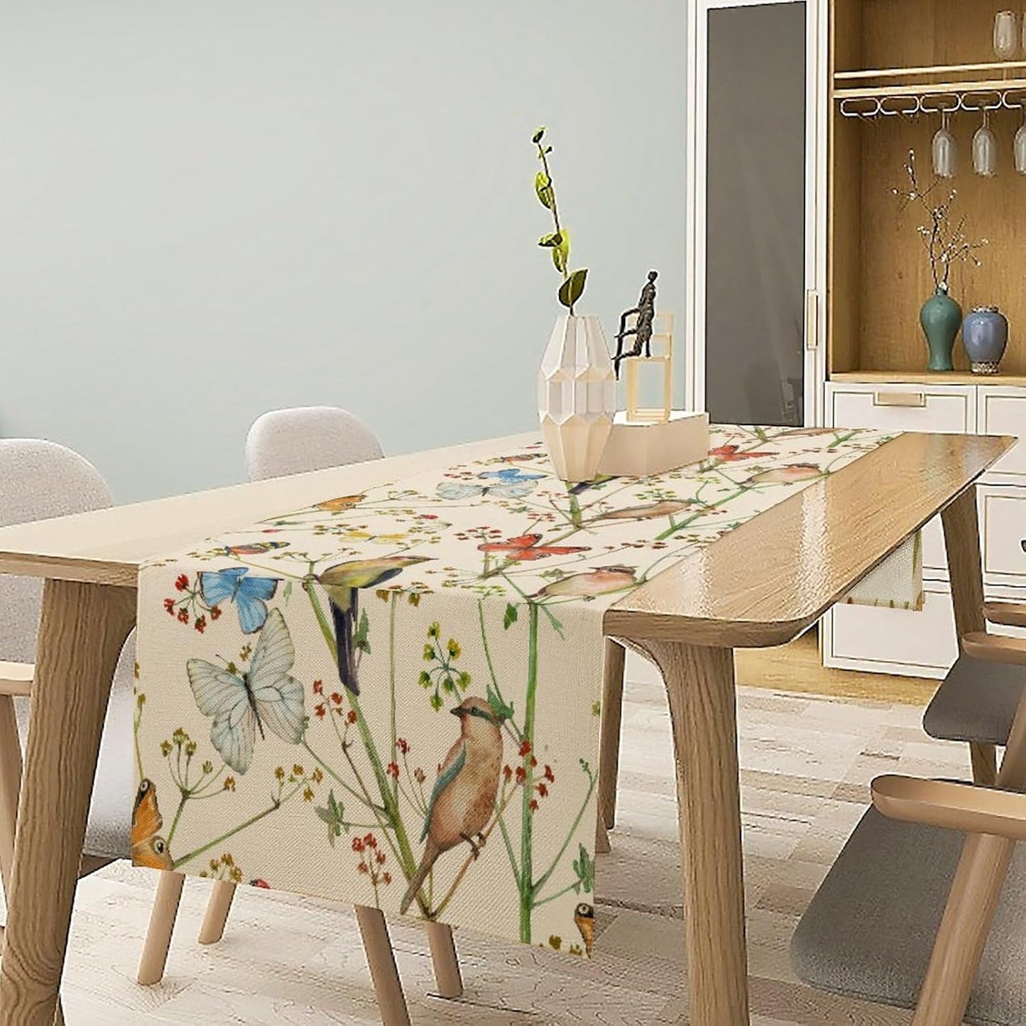 Brown Bird Floral Table Runner Spring Flower Kitchen Table Decoration Suitable for Family Dinner Decoration 13x90 Inch