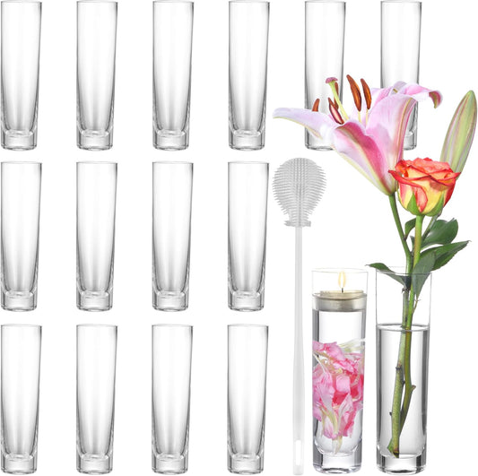 Glass Cylinder Vases for Centerpieces – Set of 16 Handmade Clear Flower Vase 7.48" Tall,Wedding Table Decor for Single Rose Bud Vases,Small Vases Home Decor,Floreros,1 Brush