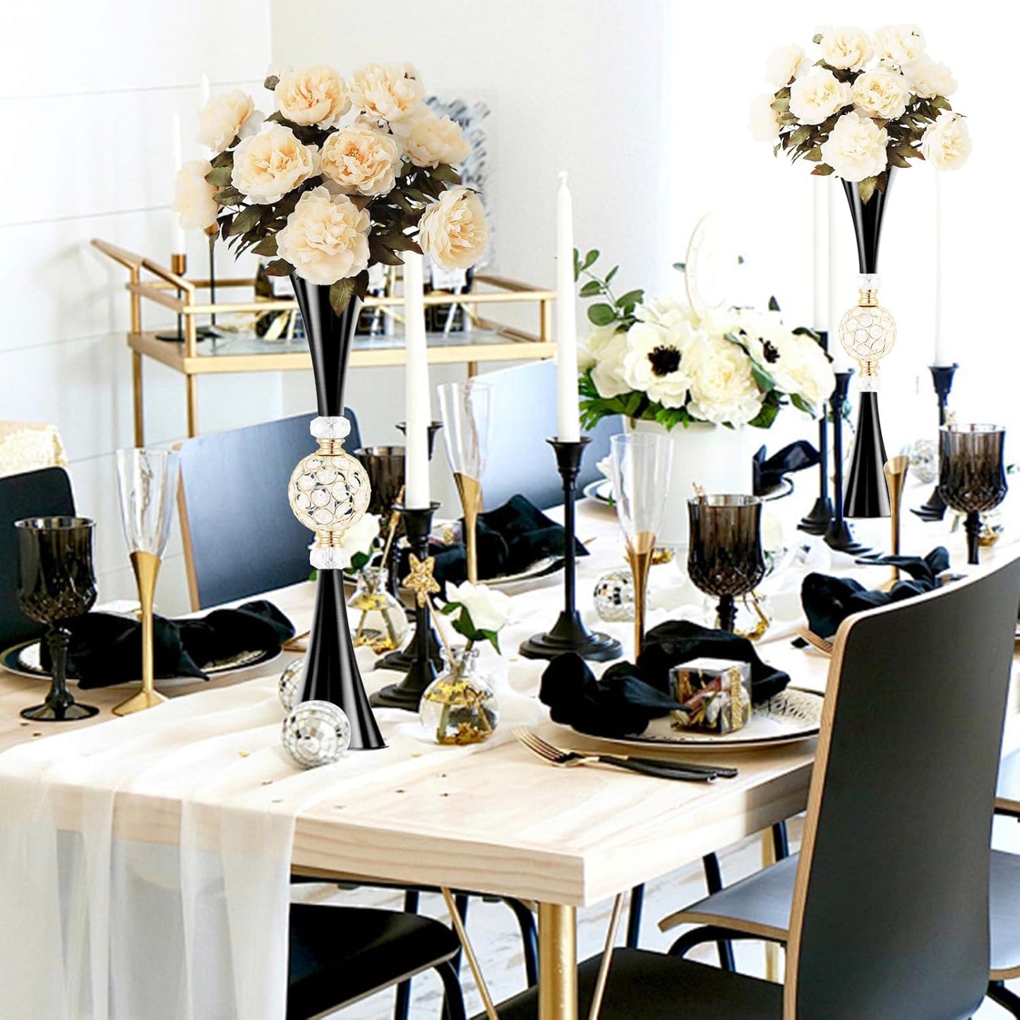 VIJIV Black Tall Crystal Flower Vases for Centerpiece - 28'' Large Trumpet Vase for Bouquet Skinny Decorative, Floor Vase Flower Stand for Party Event, Dining Table Décor, Bridal Shower, Wedding