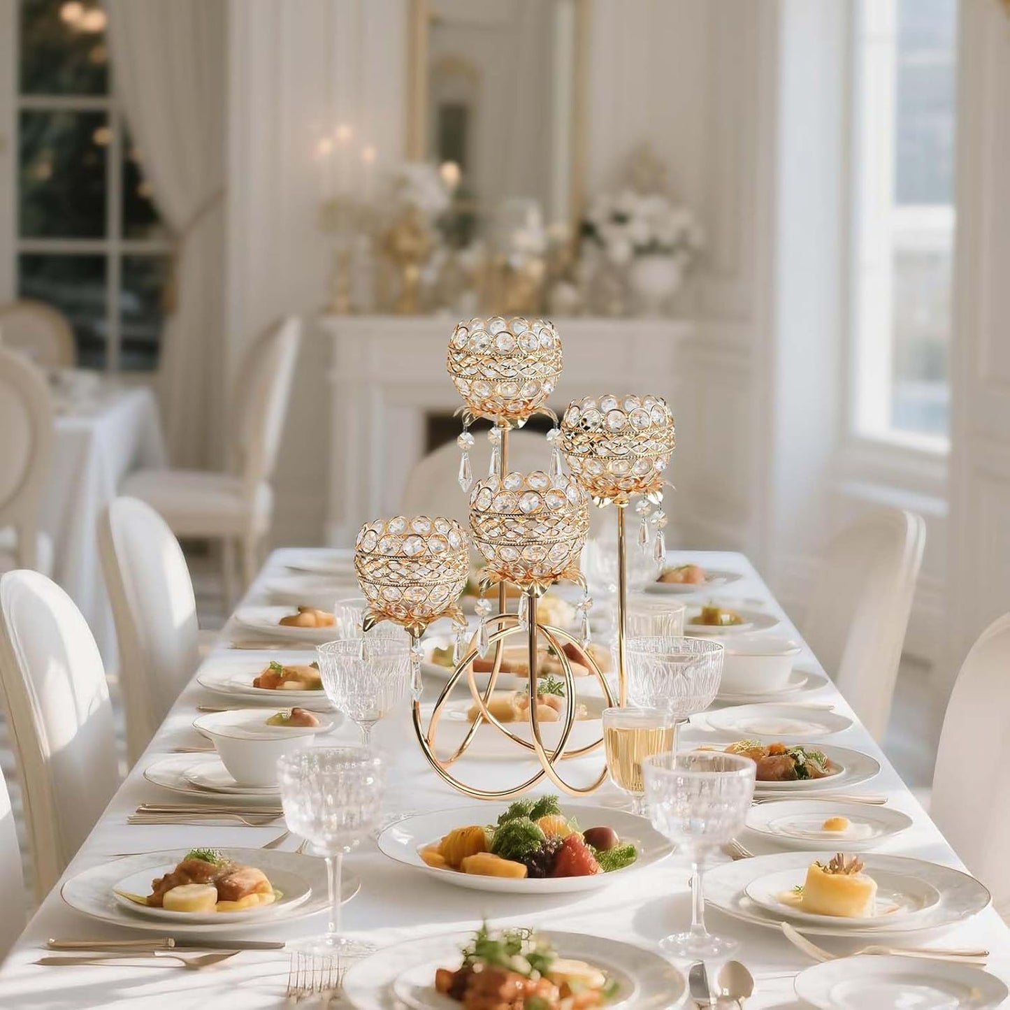 4 Arms Crystal Candelabra Tealight Holder - Tall 15.7 Inch Elegant Centerpiece with Crystal Pendant Bowls & Artistic Metal Stand for Wedding, Dining Table, Home Decor (2, Gold)