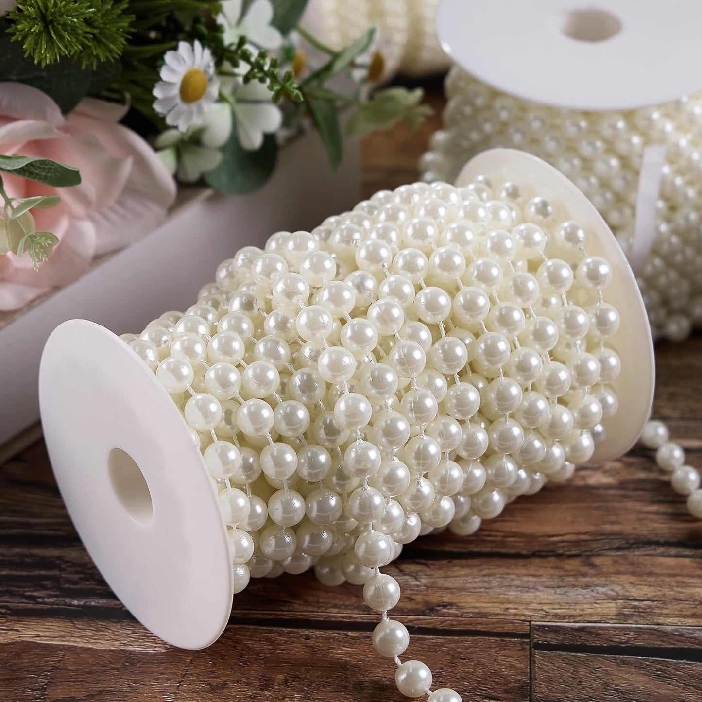 Pearls String Beads 33 Feet Faux Pearls Roll for Crafting Christmas Tree Garland Flowers DIY Wedding Party Centerpiece Party Jewelry Decoration (10mm Ivory)