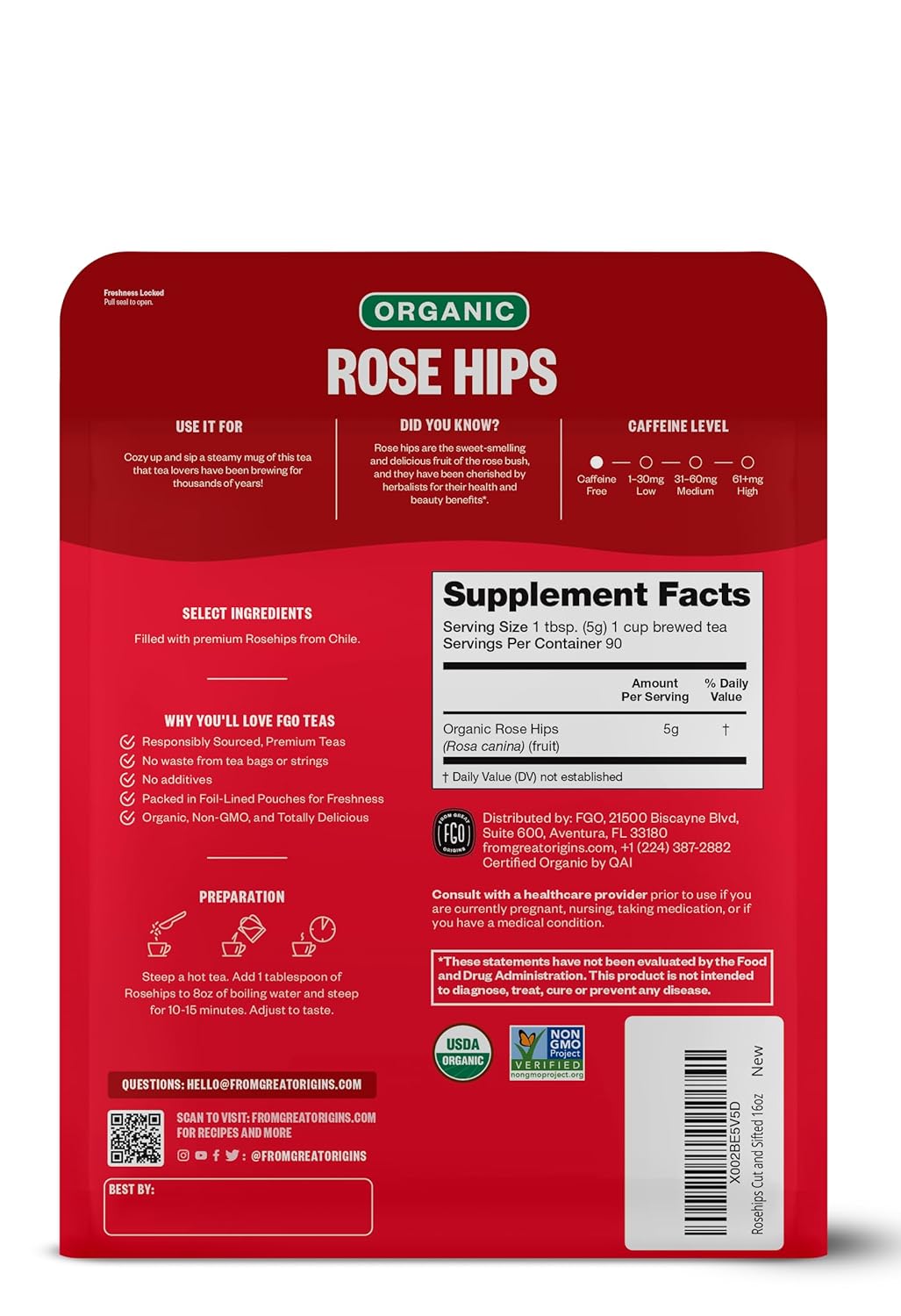 FGO Organic Rosehips Tea, Cut and Sifted, 16 Ounce Resealable Bag, Packaging May Vary (Pack of 1)