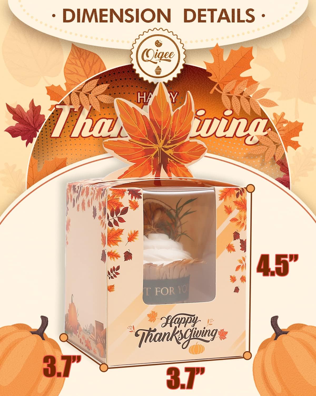 qiqee Thanksgiving Individual Cupcake Boxes Cupcake Holders Disposable 60pcs Single Cupcake Boxes with Window 3.7x3.7x4.5 inch Cupcake Containers For Thanksgiving