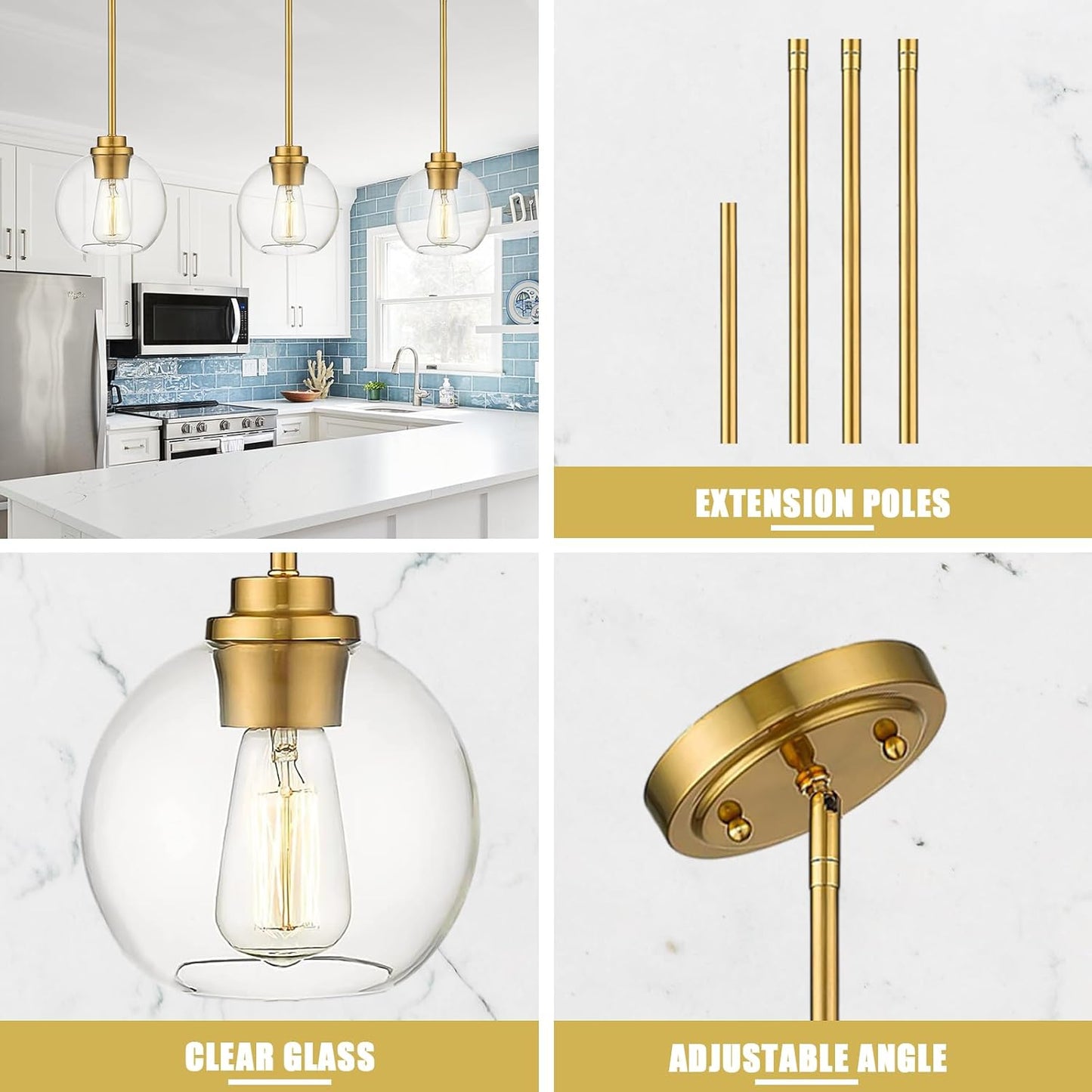 Pendant Lights Kitchen Island, Modern Gold Pendant Light with Clear Glass, 7 Inch Farmhouse Hanging Light Fixtures for Dining Room Entryway, Bedroom, Hallway, Farmhouse- 3 Pack