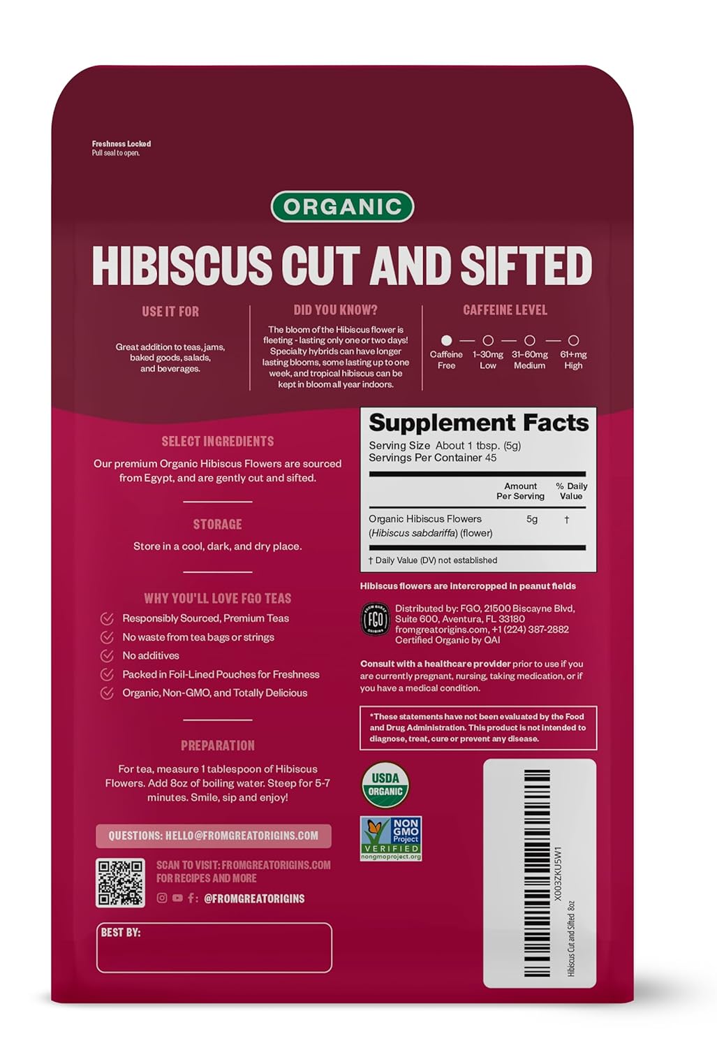 FGO Organic Hibiscus Flowers, Cut and Sifted, Loose Tea, 8oz Resealable Bag, Packaging May Vary (Pack of 1)